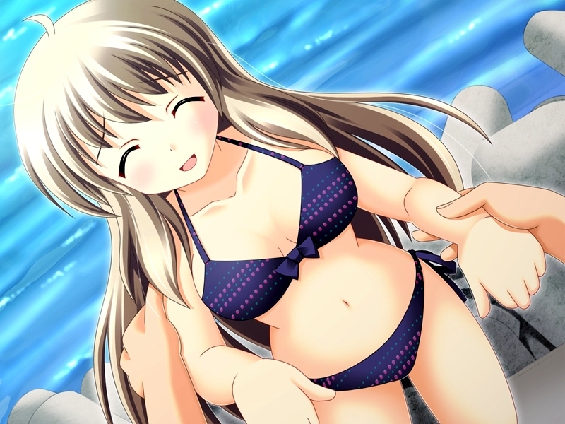 inuzumi masaki, suzuri, suzuri (tennenseki), kagura hinata, misaki haruna, h2o footprints in the sand, step x steady, game cg, non-web source, 00s, 1girl, beach, bikini, blonde hair, blue bikini, closed eyes, female focus, long hair, rock, side-tie bikini bottom, smile, solo, swimsuit, water