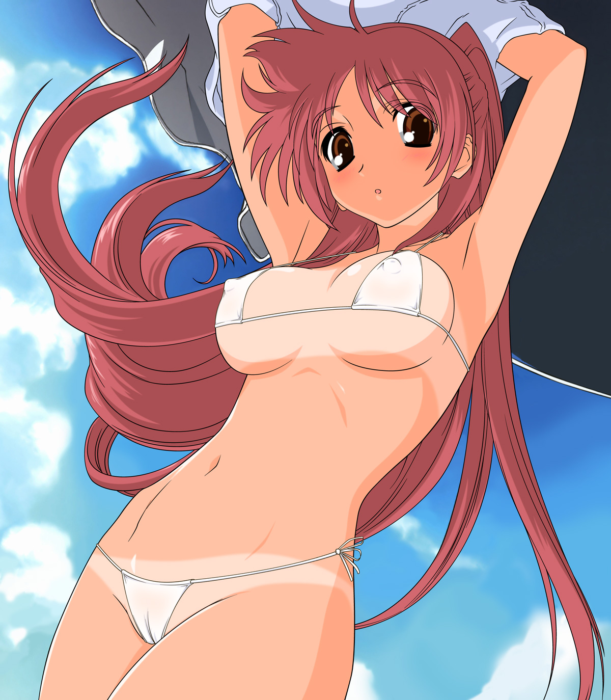 artist request, highres, 1girl, armpits, beach, bikini, breasts, cameltoe, female focus, long hair, micro bikini, navel, red hair, sky, solo, swimsuit, tan, tanline