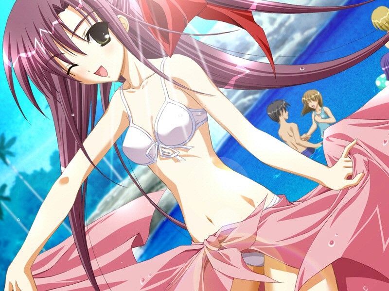 inagaki miiko, wakatsuki kanata, h na jorei puzzle!, game cg, non-web source, 2boys, 3girls, beach, bikini, black eyes, blue male swimwear, blue swim trunks, breasts, clothes lift, day, dutch angle, front-tie top, long hair, male swimwear, multiple boys, multiple girls, navel, ocean, one-piece swimsuit, one eye closed, open mouth, pink sarong, purple hair, ribbon, sarong, sarong lift, shawl, short hair, small breasts, swim trunks, swimsuit, wink