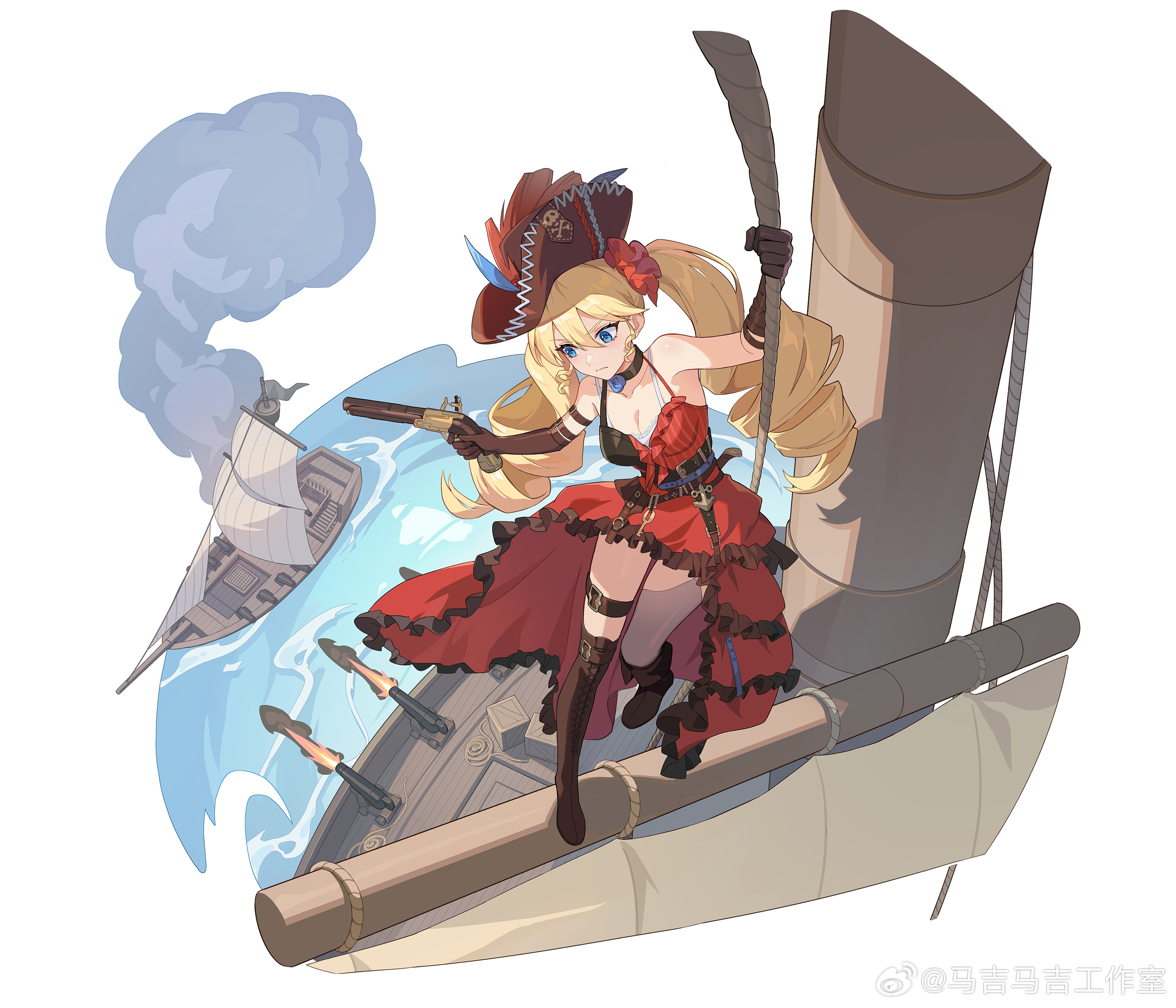 majimaji studio, higan: eruthyll, absurdres, chinese commentary, highres, official art, 1girl, alternate costume, anchor ornament, anchor symbol, antique firearm, asymmetrical footwear, bare shoulders, belt, bicorne, black belt, black choker, blonde hair, blue eyes, blue flower, blue rose, boots, breasts, brown boots, brown gloves, brown hat, cannon, choker, cleavage, closed mouth, dress, drill hair, elbow gloves, firearm, firelock, firing, flintlock, flower, flower choker, fold-over boots, frilled dress, frills, full body, gloves, gun, hair between eyes, hair ornament, hair scrunchie, halter dress, halterneck, hand up, handgun, hat, high-low dress, high up, holding, holding gun, holding rope, holding weapon, holster, knee boots, lace-up boots, long dress, long hair, looking down, medium breasts, ocean, pirate, pirate hat, red dress, red scrunchie, rope, rose, scrunchie, serious, ship, sideways glance, single thighhigh, sleeveless, sleeveless dress, smoke, solo, standing, standing on one leg, striped clothes, striped dress, thigh boots, thigh holster, thighhighs, tibby (higan: eruthyll), twin drills, uneven footwear, v-shaped eyebrows, watercraft, watermark, weapon, weibo watermark, white background, white thighhighs