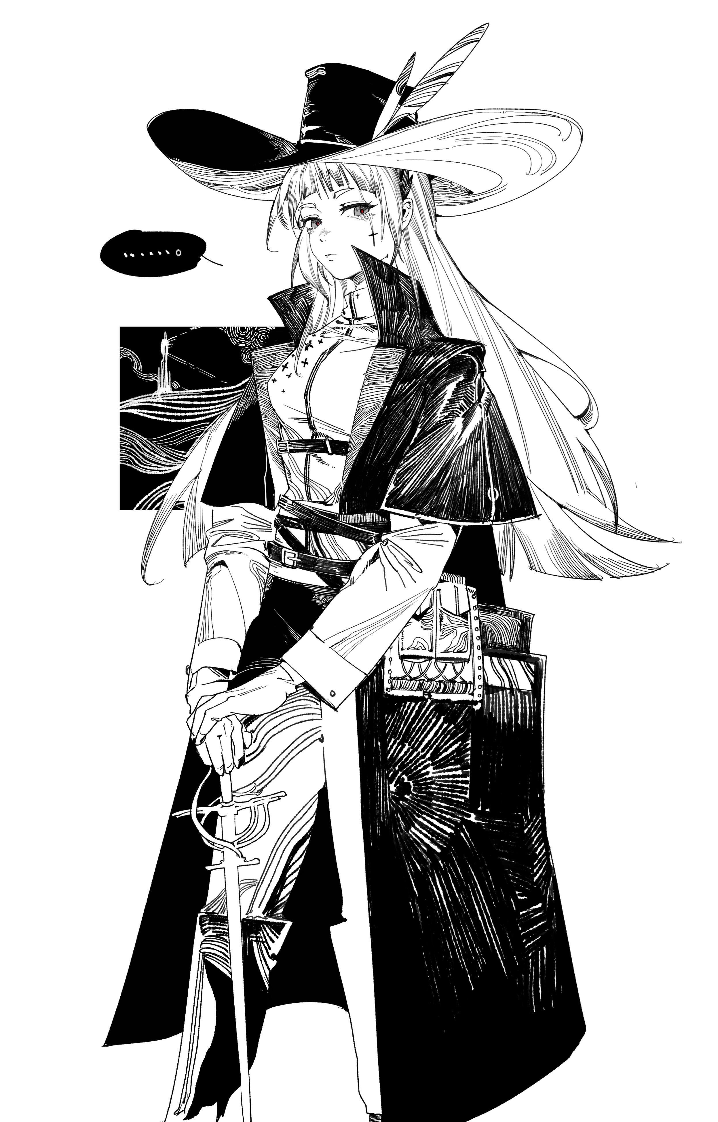 irene (arknights), arknights, absurdres, chinese commentary, commentary request, highres, …, 1girl, closed mouth, coat, cowboy shot, greyscale, hands on hilt, hat, hat feather, high collar, layered sleeves, long sleeves, looking at viewer, monochrome, open clothes, open coat, pants, rapier, scar, scar across eye, scar on face, shirt, short over long sleeves, short sleeves, simple background, solo, spoken ellipsis, standing, sword, weapon, white background, wo zai zhu shi ni