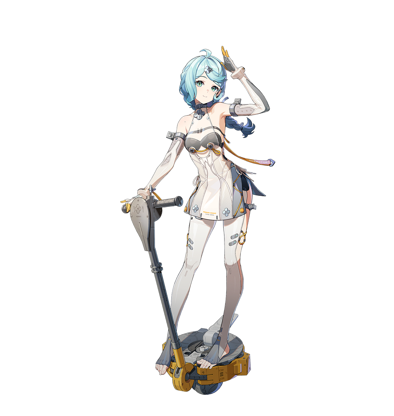 seed (zenless zone zero), zenless zone zero, bad source, highres, official art, 1girl, aqua eyes, bare shoulders, blue hair, breasts, closed mouth, clothing cutout, elbow gloves, full body, gloves, hand up, long hair, looking at viewer, mole, no shoes, salute, small breasts, smile, solo, standing, stirrup legwear, toeless legwear, toes, transparent background, white gloves