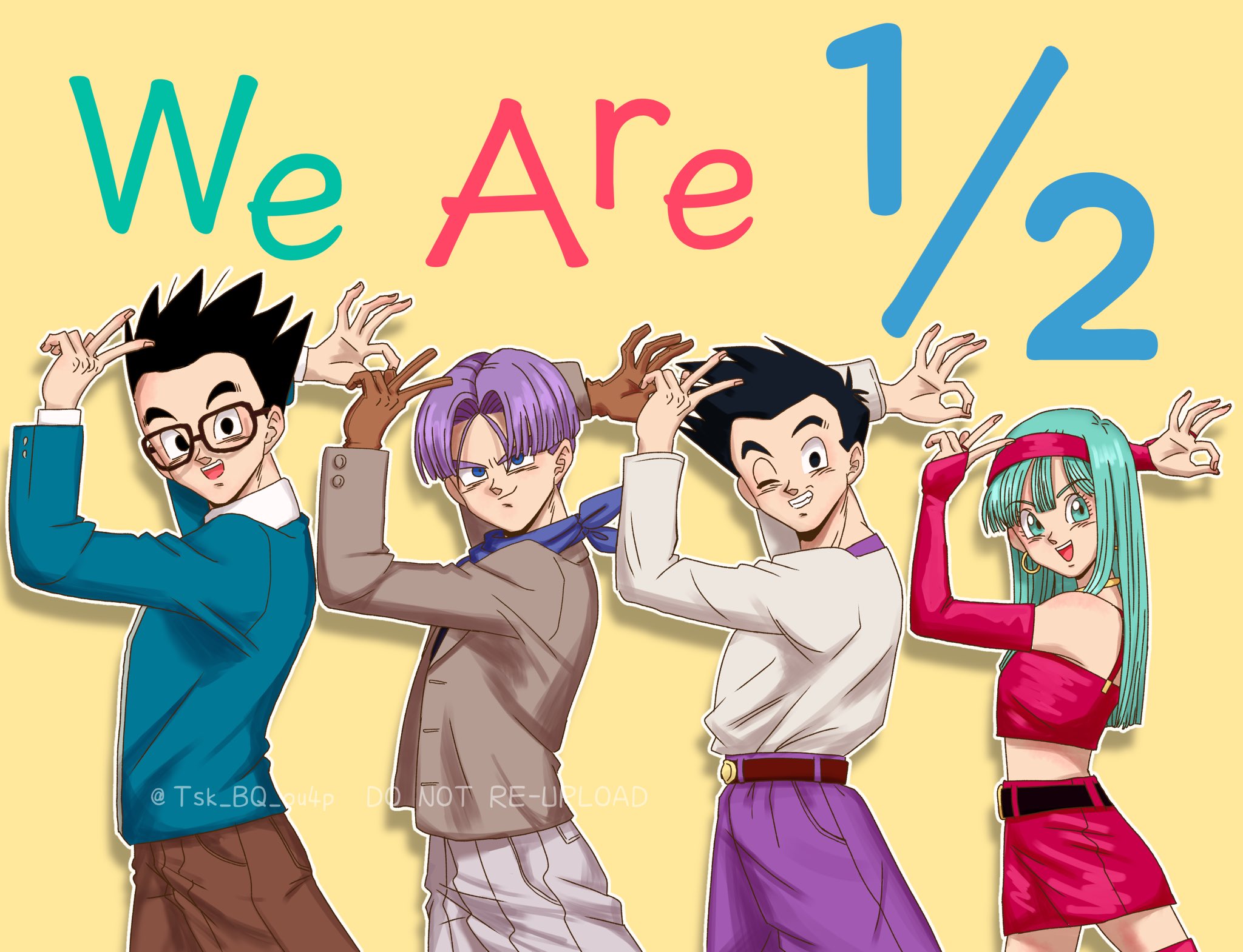 bra (dragon ball), son gohan, son goten, trunks (dragon ball), dragon ball, dragon ball gt, goodbye sengen (vocaloid), highres, 1girl, 3boys, belt, black eyes, black hair, blue eyes, blue hair, closed mouth, earrings, gloves, hairband, jewelry, long hair, looking at viewer, multiple boys, ok sign, open mouth, red thighhighs, short hair, skirt, smile, spiked hair, thighhighs, tsk bq ou4p