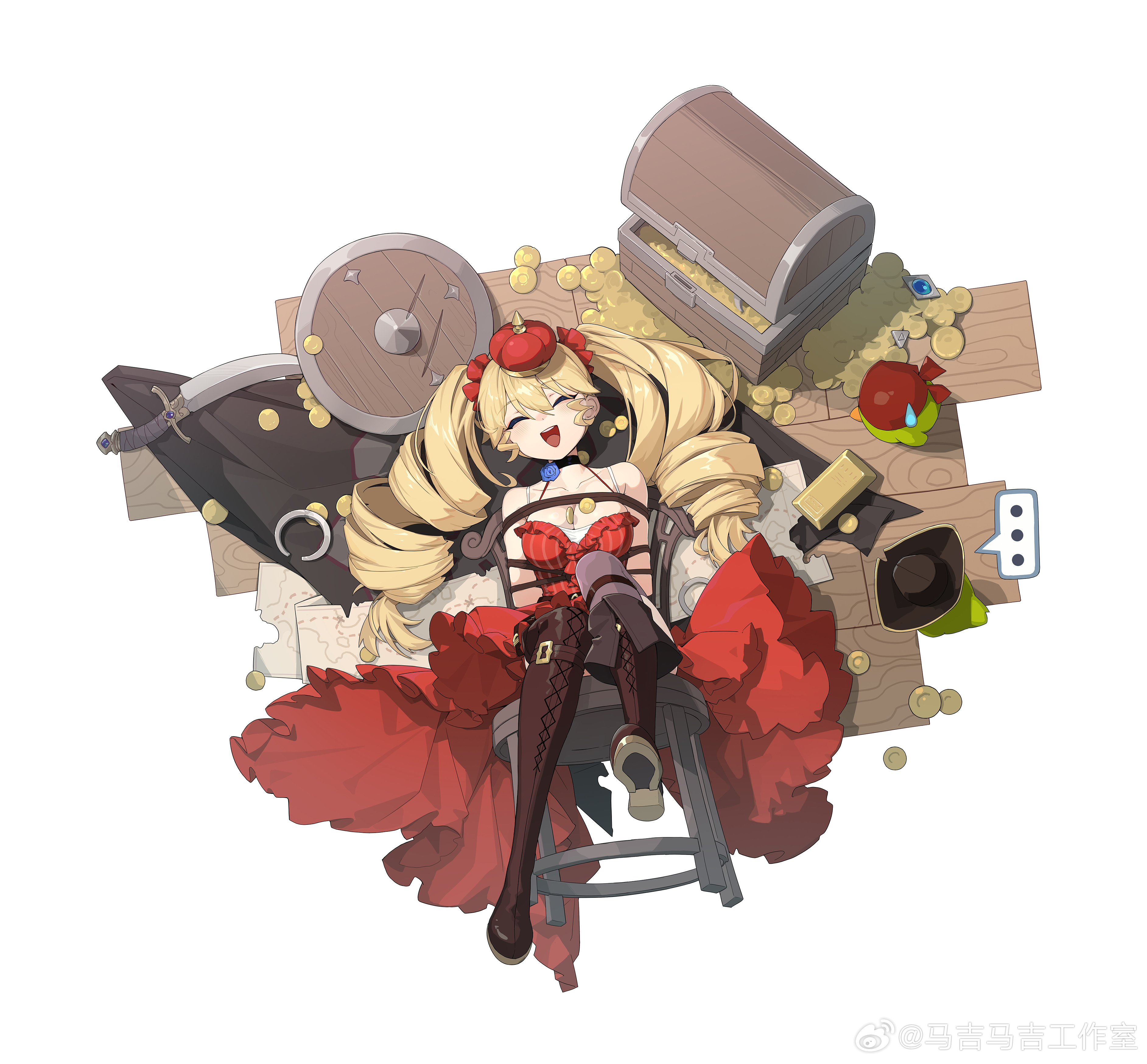 majimaji studio, higan: eruthyll, absurdres, chinese commentary, highres, official art, …, 1girl, :d, ^ ^, alternate costume, animal, arms behind back, asymmetrical footwear, bandana, bare shoulders, belt, between breasts, bicorne, bird, black belt, black choker, blonde hair, blue flower, blue rose, boots, bound, breasts, brown boots, brown gloves, chair, choker, cleavage, closed eyes, clothed animal, coin, crown, cutlass, dress, drill hair, drill sidelocks, facing viewer, flag, flower, flower choker, fold-over boots, frilled dress, frills, from above, full body, gloves, gold bar, hair between eyes, hair ornament, hair scrunchie, halter dress, halterneck, hat, high-low dress, holster, jolly roger, knee boots, lace-up boots, long dress, long hair, lying, map, medium breasts, mini crown, on back, on chair, on floor, open mouth, pile of coins, pirate hat, red bandana, red dress, red scrunchie, rose, scrunchie, shield, shoe soles, sidelocks, single thighhigh, sleeveless, sleeveless dress, smile, solo, spoken ellipsis, striped clothes, striped dress, sweatdrop, thigh boots, thigh holster, thighhighs, tibby (higan: eruthyll), tied to chair, tied up (nonsexual), treasure chest, twin drills, uneven footwear, watermark, weibo watermark, white background, white thighhighs, wooden floor, wooden shield