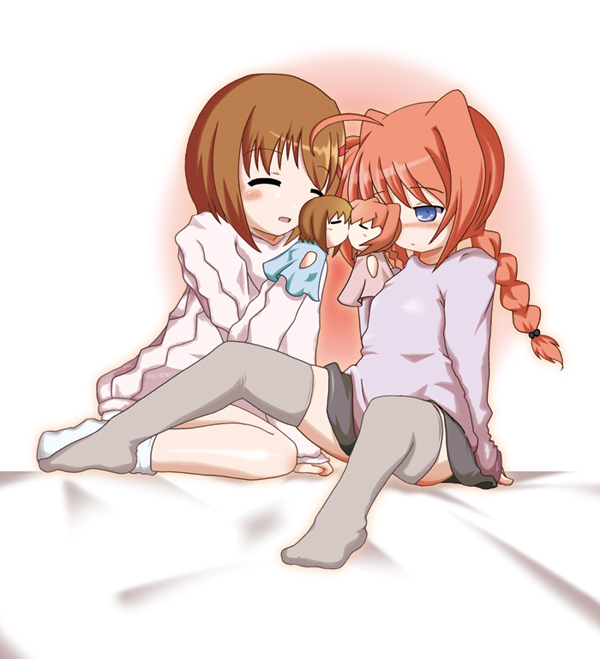 sch, vita (nanoha), yagami hayate, lyrical nanoha, mahou shoujo lyrical nanoha, mahou shoujo lyrical nanoha a's, 00s, 2girls, ^ ^, aged down, ahoge, bed, blush, braid, brown hair, closed eyes, hand puppet, kiss, long hair, multiple girls, plait, puppet, red hair, short hair, shy, sitting, skirt, socks, sweater, thighhighs, twintails, yuri