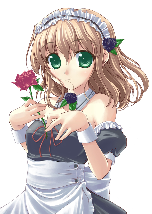 mist (fire emblem), fire emblem, fire emblem: path of radiance, nintendo, 1girl, bare shoulders, blonde hair, blush, breasts, brown hair, choker, dress, female focus, flower, green eyes, headdress, long hair, maid, rose, short hair, simple background, smile, solo, strapless, strapless dress