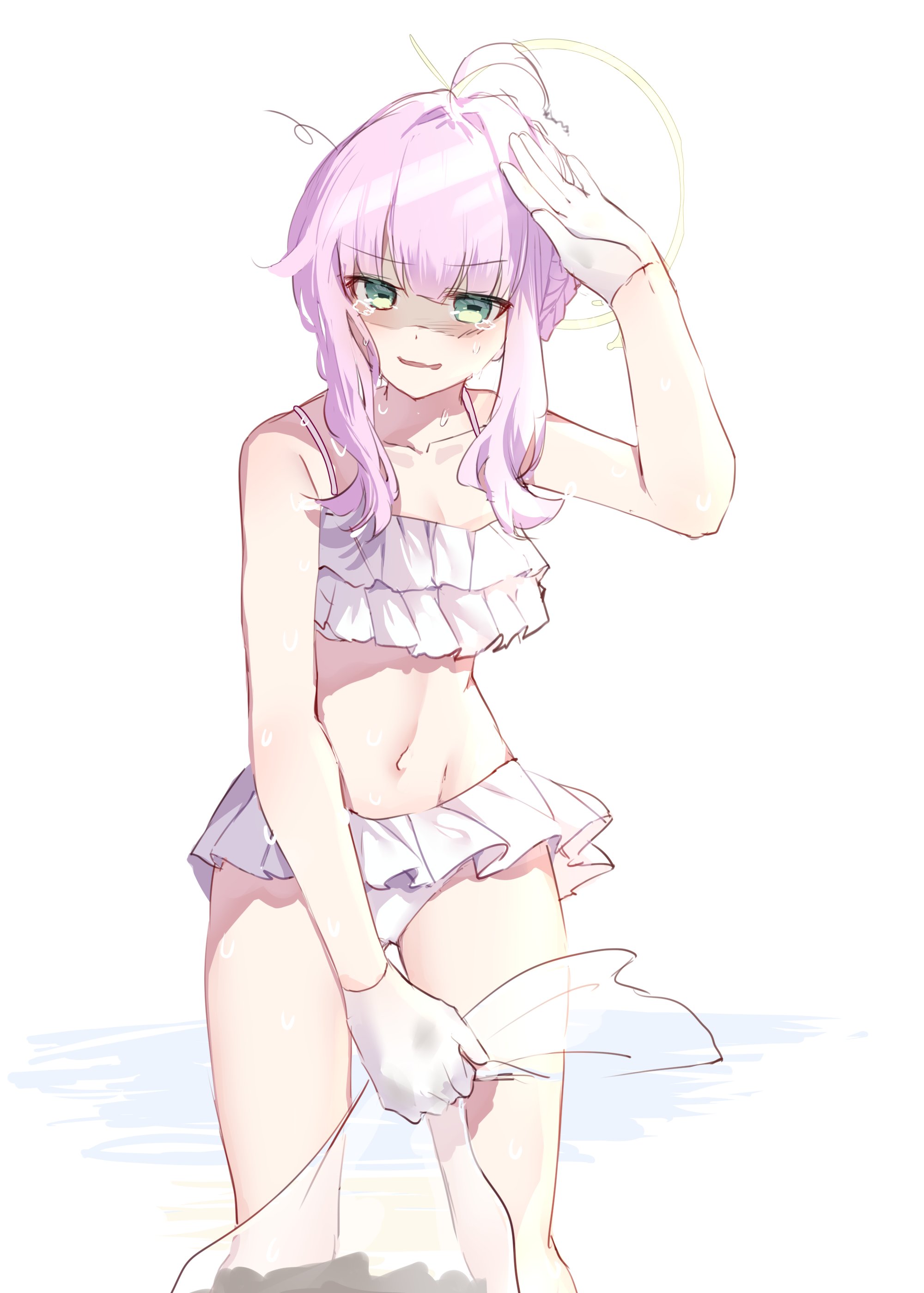 sb (akagikeai), kaya (blue archive), blue archive, absurdres, highres, bikini, exhausted, flat chest, frilled bikini, frills, gloves, green eyes, halo, hand up, horizontal pupils, navel, pink hair, sweat, swimsuit, tears, trash bag, white gloves, yellow halo