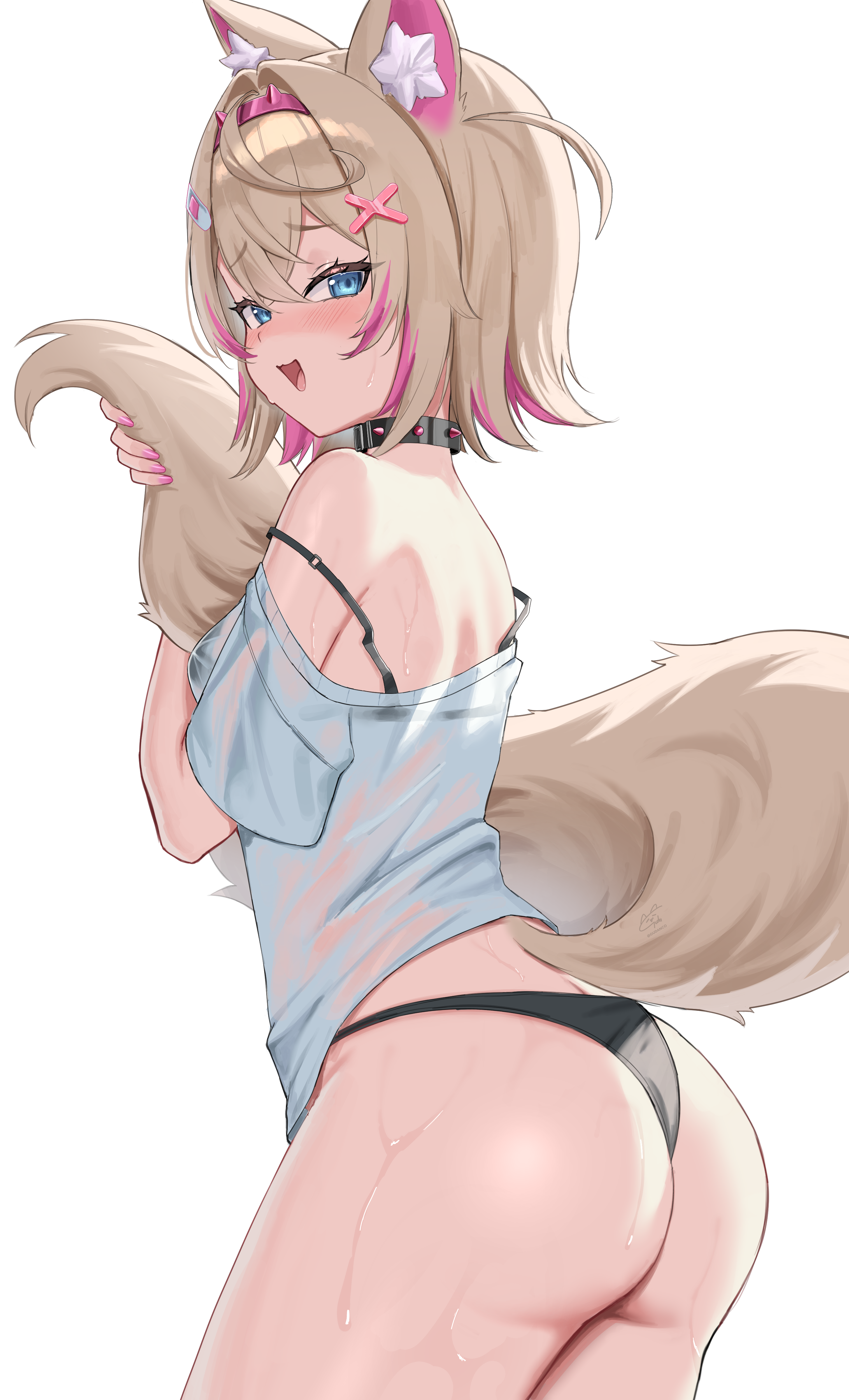 gudanco (nyanmeowzer), mococo abyssgard, hololive, hololive english, absurdres, commentary, highres, 1girl, animal collar, animal ear fluff, animal ears, artist logo, ass, ass focus, bandaid, bandaid hair ornament, black collar, black panties, blonde hair, blue eyes, blush, bra strap, bra visible through clothes, breasts, collar, colored inner animal ears, cowboy shot, crossed bangs, dog ears, dog girl, dog tail, double strap slip, fingernails, from side, furrowed brow, hair between eyes, hair ornament, hairband, hugging own tail, hugging tail, logo, long fingernails, looking at viewer, multicolored hair, nail polish, no pants, off shoulder, open mouth, panties, parted bangs, pink hair, pink hairband, pink nails, see-through clothes, shirt, short hair, short sleeves, simple background, small breasts, smile, solo, spiked collar, spikes, standing, streaked hair, sweat, sweaty clothes, tail, thong, twitter username, two-tone hair, underwear, virtual youtuber, white background, white shirt, x hair ornament