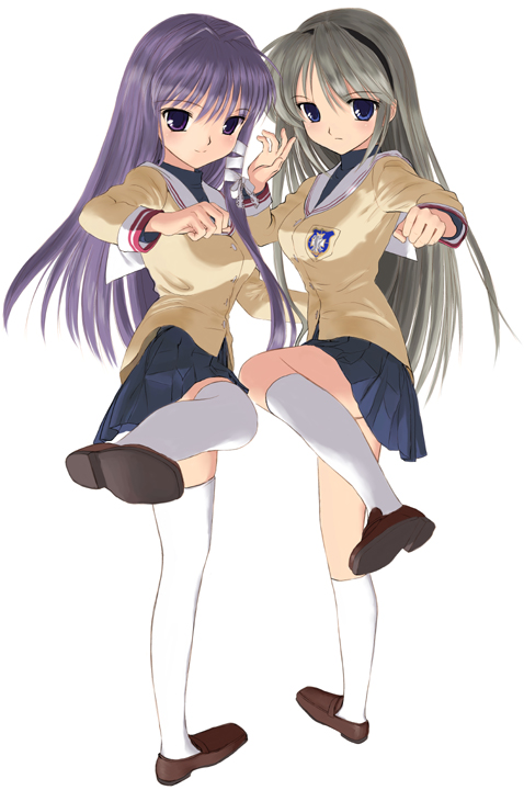 mocha, fujibayashi kyou, sakagami tomoyo, clannad, 00s, 2girls, blush, kicking, kneehighs, long hair, multiple girls, school uniform, serafuku, skirt, socks, thighhighs, zettai ryouiki