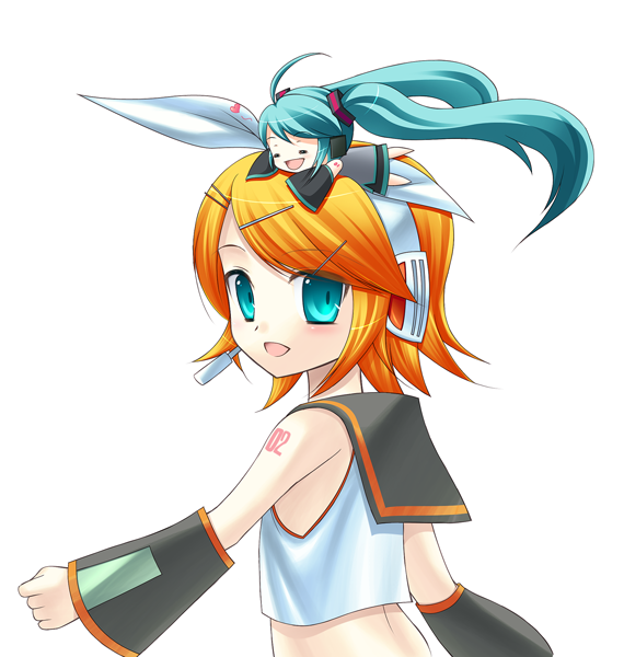 eko, hatsune miku, kagamine rin, vocaloid, vocaloid2, bad id, bad pixiv id, blouse, blush, chibi, long hair, midriff, school uniform, serafuku, shirt, short hair, shorts, twintails, very long hair, white background, white shirt