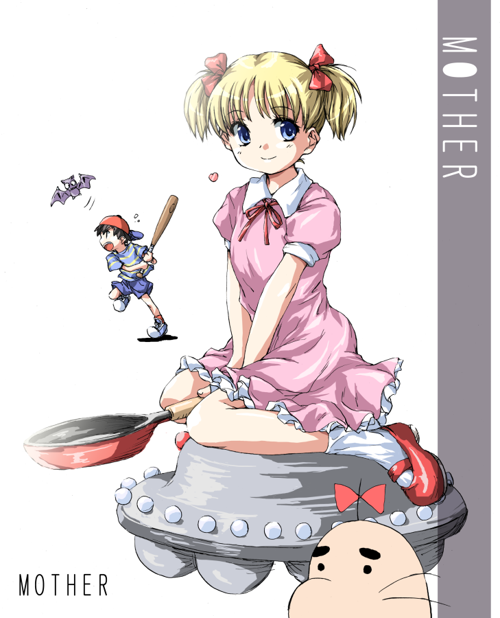 ana (mother), doseisan, mother (series), nintendo, 1boy, 1girl, baseball bat, black hair, blonde hair, blue eyes, blush, dress, frying pan, looking at viewer, short hair, simple background, smile, ufo, white background
