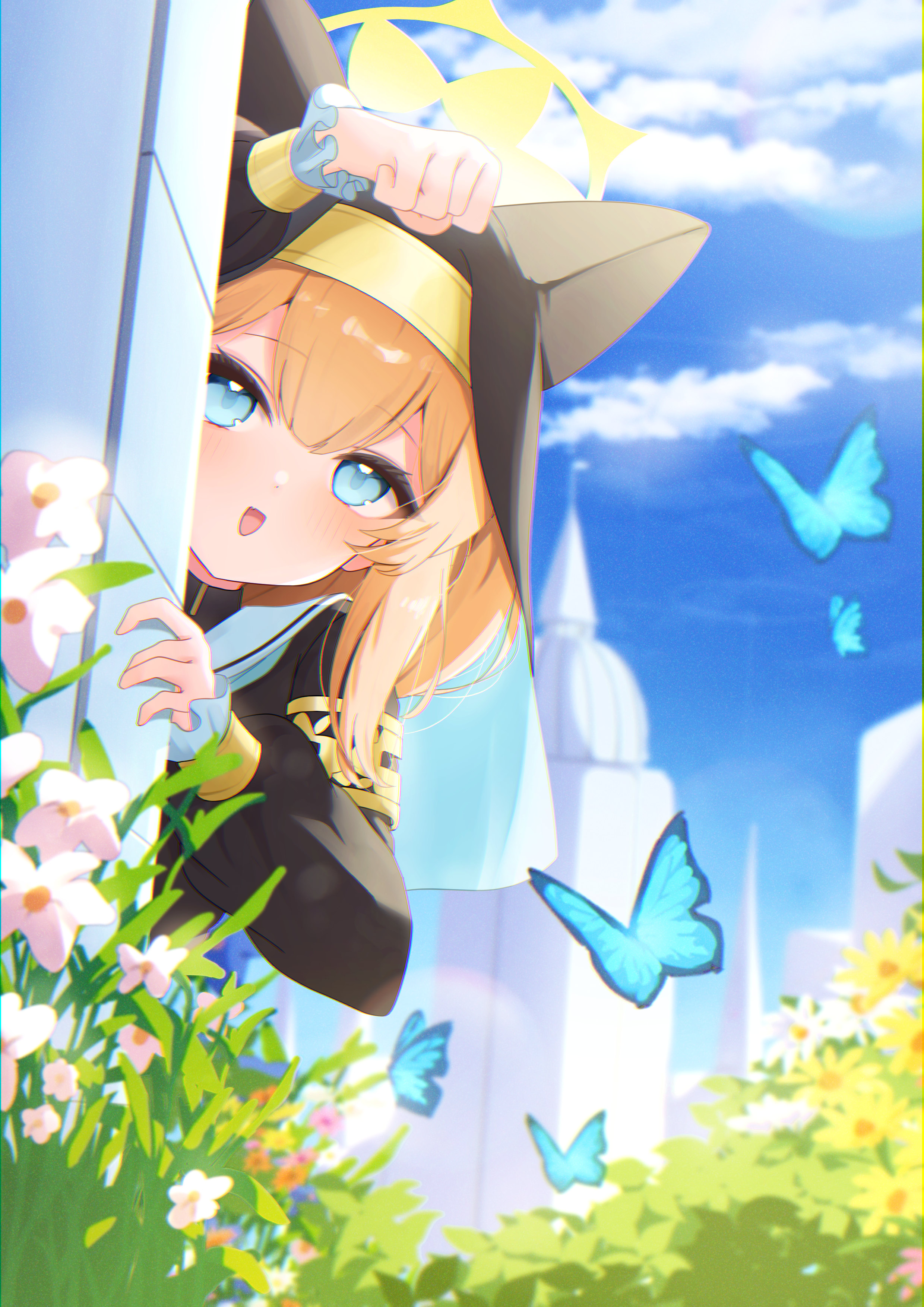 aoto mei, mari (blue archive), blue archive, absurdres, highres, 1girl, animal ears, blue butterfly, blue eyes, bug, butterfly, flower, halo, insect, nun, orange hair, peeking out, solo, yellow halo