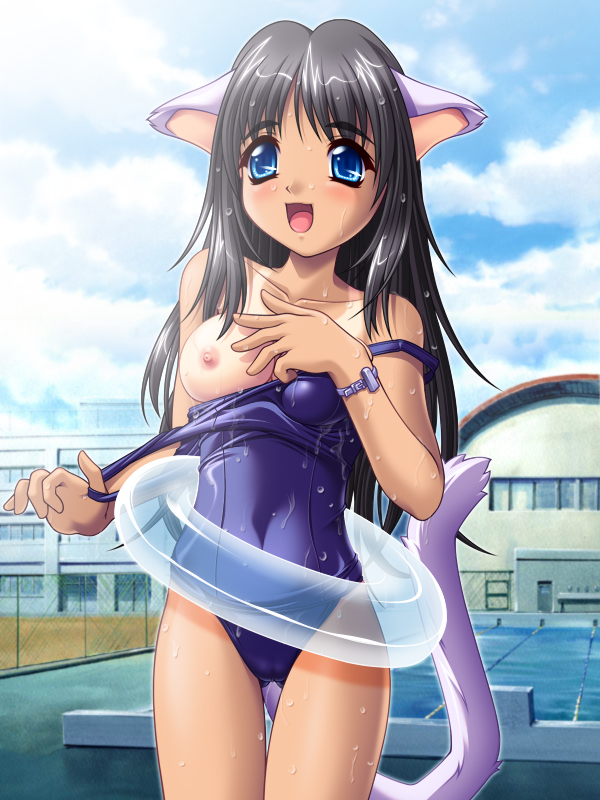 blush, breasts, long hair, one-piece swimsuit, school swimsuit, swimsuit, tail