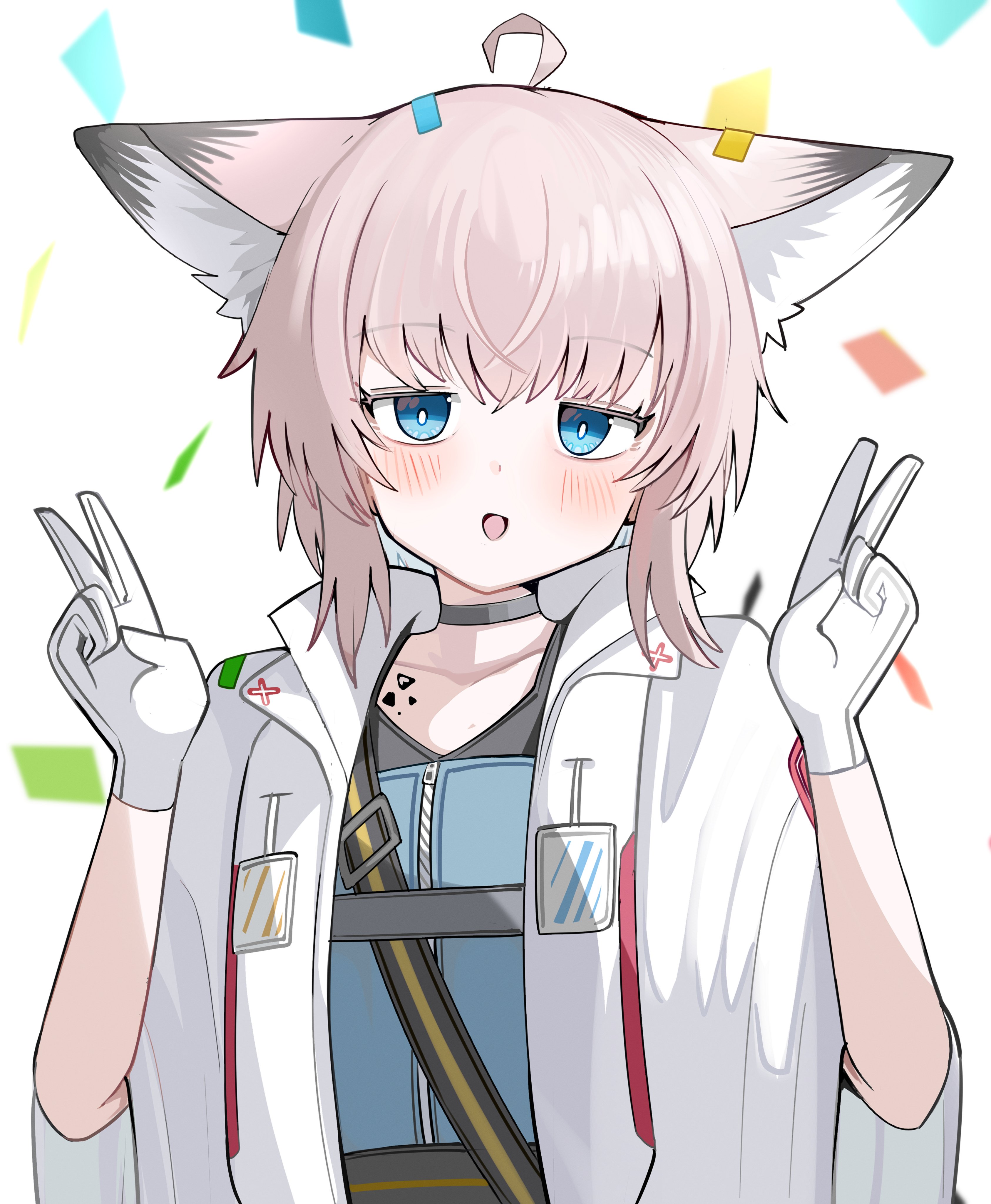 spam (spamham4506), sussurro (arknights), arknights, absurdres, commentary, highres, symbol-only commentary, 1girl, ahoge, animal ears, blue eyes, blush, confetti, double v, fox ears, gloves, looking at viewer, material growth, oripathy lesion (arknights), solo, v, white background, white gloves