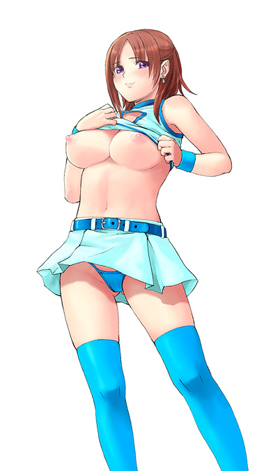 blush, breasts, clothes lift, midriff, panties, shirt lift, short hair, skirt, thighhighs, underwear