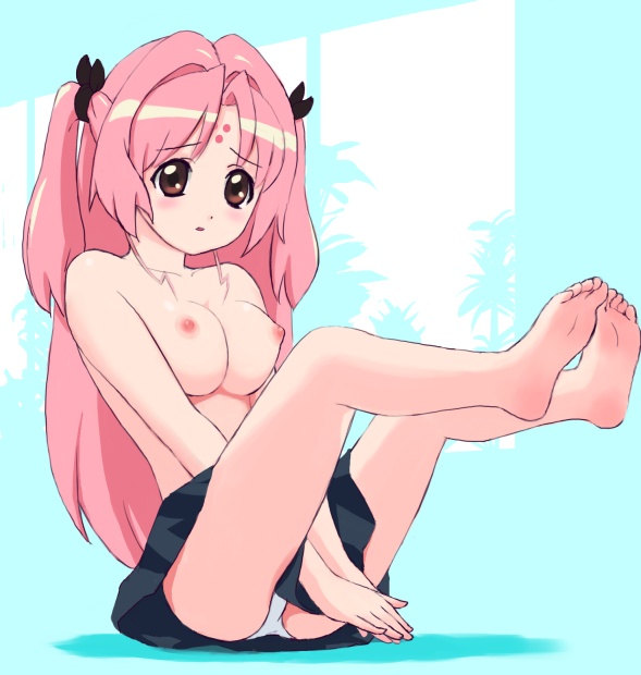 kiku (popolina), miharu sena kanaka, girls bravo, 00s, 1girl, barefoot, blush, bow, breasts, facial mark, feet, female focus, forehead mark, hair ribbon, legs up, long hair, nipples, no bra, panties, pantyshot, pink eyes, pink hair, ribbon, skirt, soles, solo, toes, topless female, two side up, underwear, upskirt, very long hair, white panties