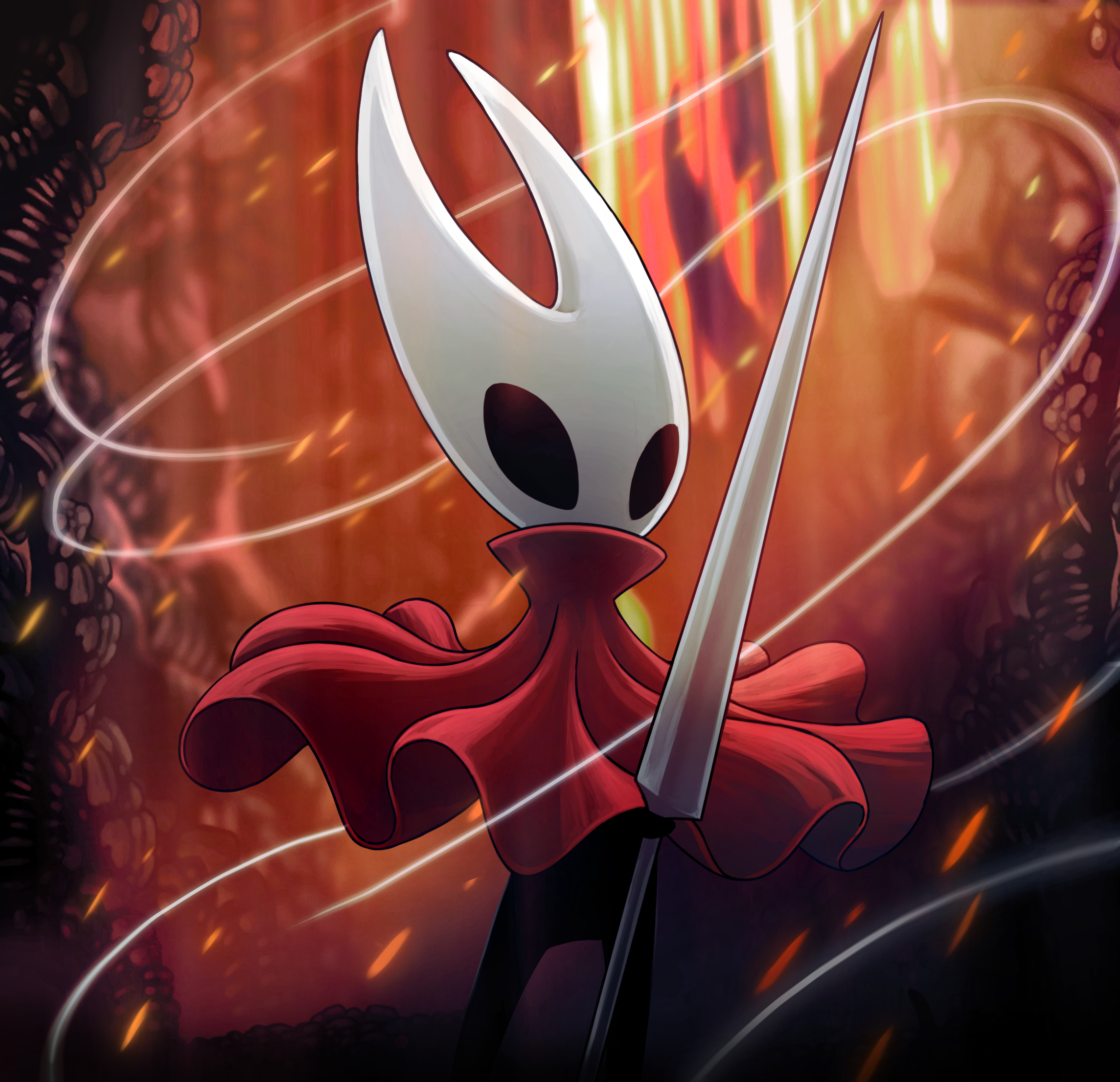 hornet (hollow knight), hollow knight: silksong, highres, official art, promotional art, 1girl, ari gibson, arthropod girl, black skin, blank eyes, bug, chitin, cloak, colored skin, cowboy shot, embers, floating cape, holding, holding weapon, hollow eyes, horned mask, lava, mask, needle (hollow knight), red cloak, solo, standing, thread, weapon, white mask