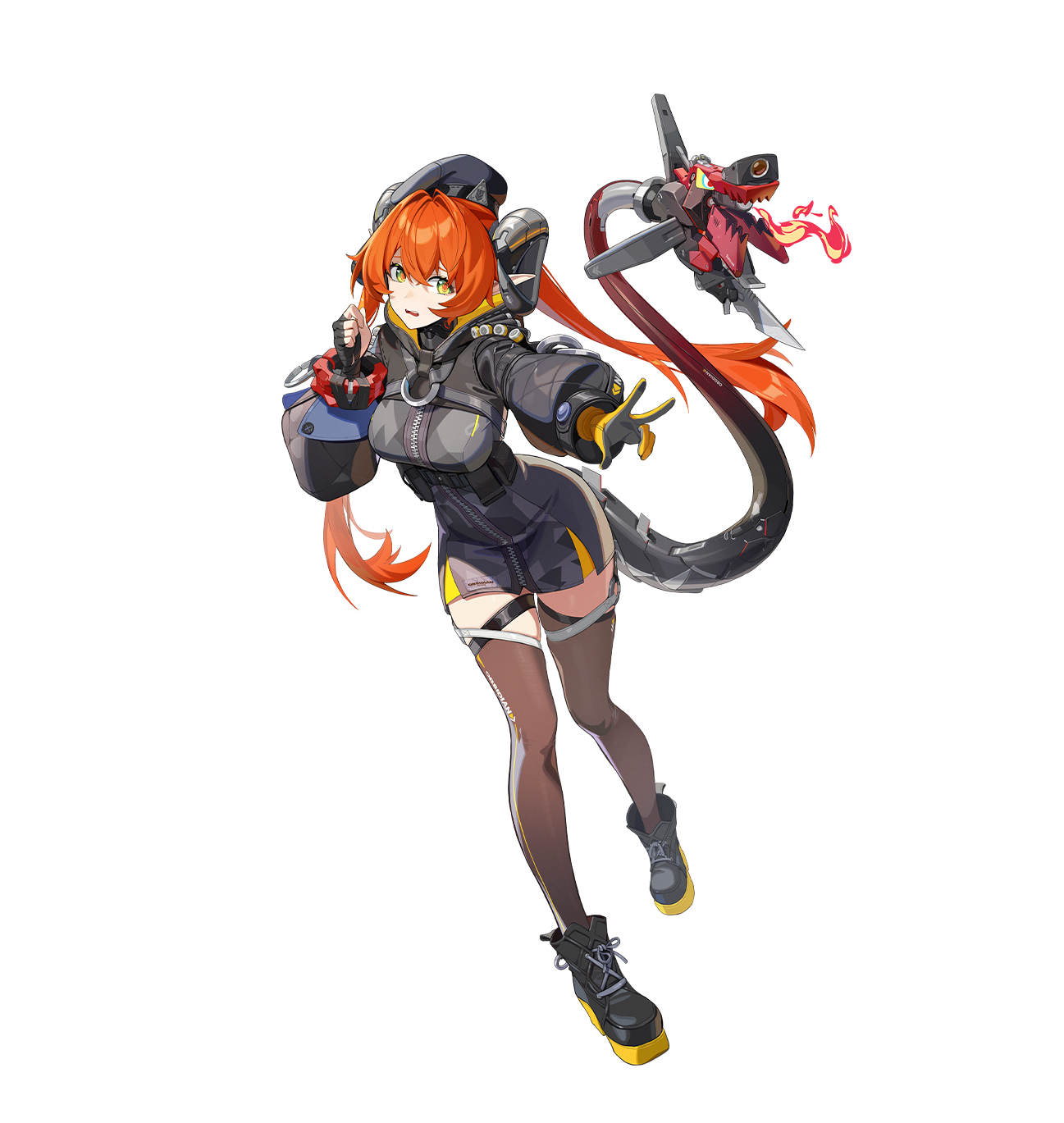magus (zenless zone zero), orphie magnusson, zenless zone zero, bad source, highres, official art, 1girl, asymmetrical gloves, black boots, black gloves, boots, breasts, brown thighhighs, fingerless gloves, full body, gloves, grey gloves, hair between eyes, horns, long hair, long sleeves, looking at viewer, medium breasts, mismatched gloves, open mouth, orange hair, pointy ears, solo, standing, tail, teeth, thighhighs, transparent background, two-sided gloves, two-tone gloves, upper teeth only, very long hair, yellow eyes, yellow gloves
