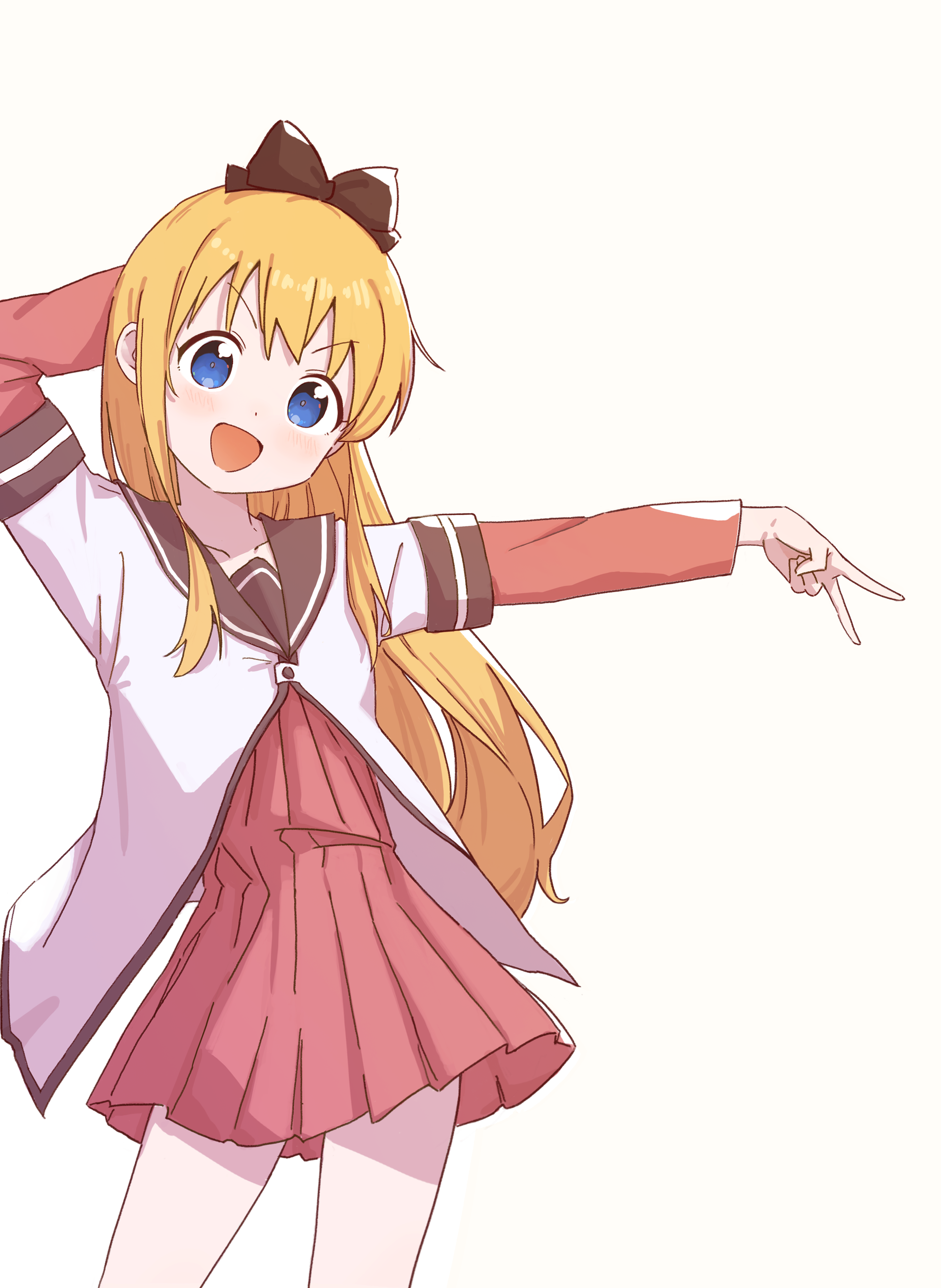 toshinou kyouko, yuruyuri, absurdres, highres, 1girl, :d, arm behind head, arm up, blonde hair, blue eyes, bow, brown bow, brown sailor collar, cowboy shot, dress, hair bow, hair ornament, jinnjuuuuu, layered sleeves, light blush, long hair, long sleeves, looking at viewer, nanamori school uniform, open mouth, outstretched arm, pleated dress, red dress, sailor collar, sailor shirt, school uniform, shirt, short dress, short over long sleeves, short sleeves, simple background, smile, solo, v, v-shaped eyebrows, white background, white shirt