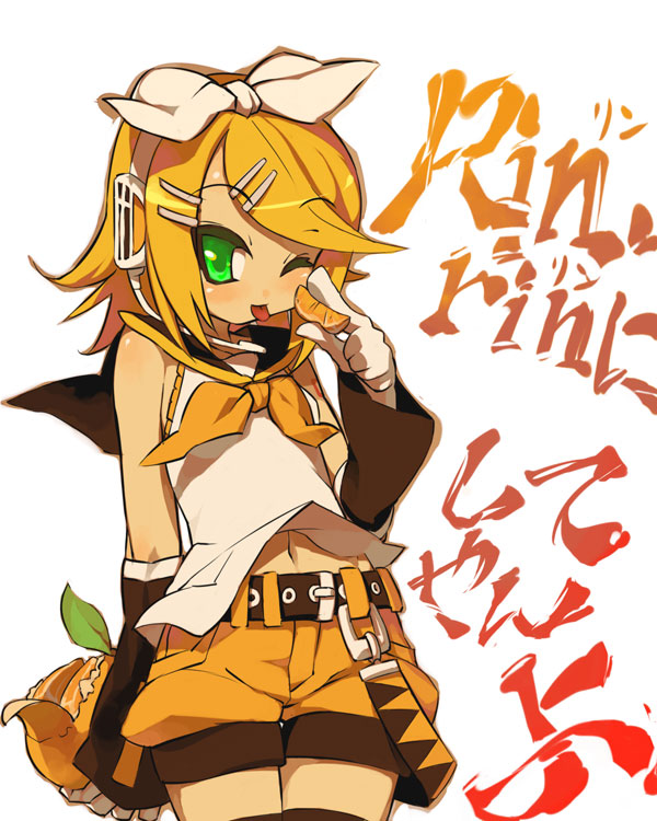 itsukia, kagamine rin, vocaloid, vocaloid2, 1girl, blush, bow, female focus, food, fruit, midriff, orange (fruit), sailor collar, school uniform, serafuku, short hair, shorts, solo