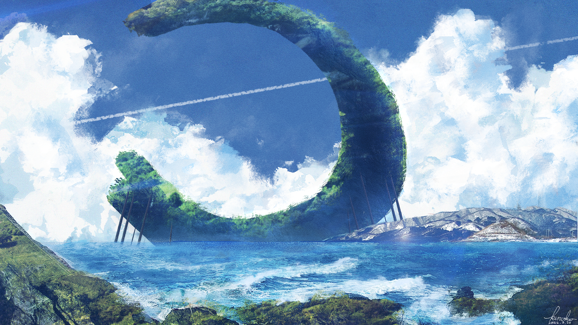 kinoko no sato, original, commentary request, highres, artist name, bay, blue sky, cloud, contrail, dated, day, landscape, no humans, outdoors, scenery, shore, signature, sky, water, waves
