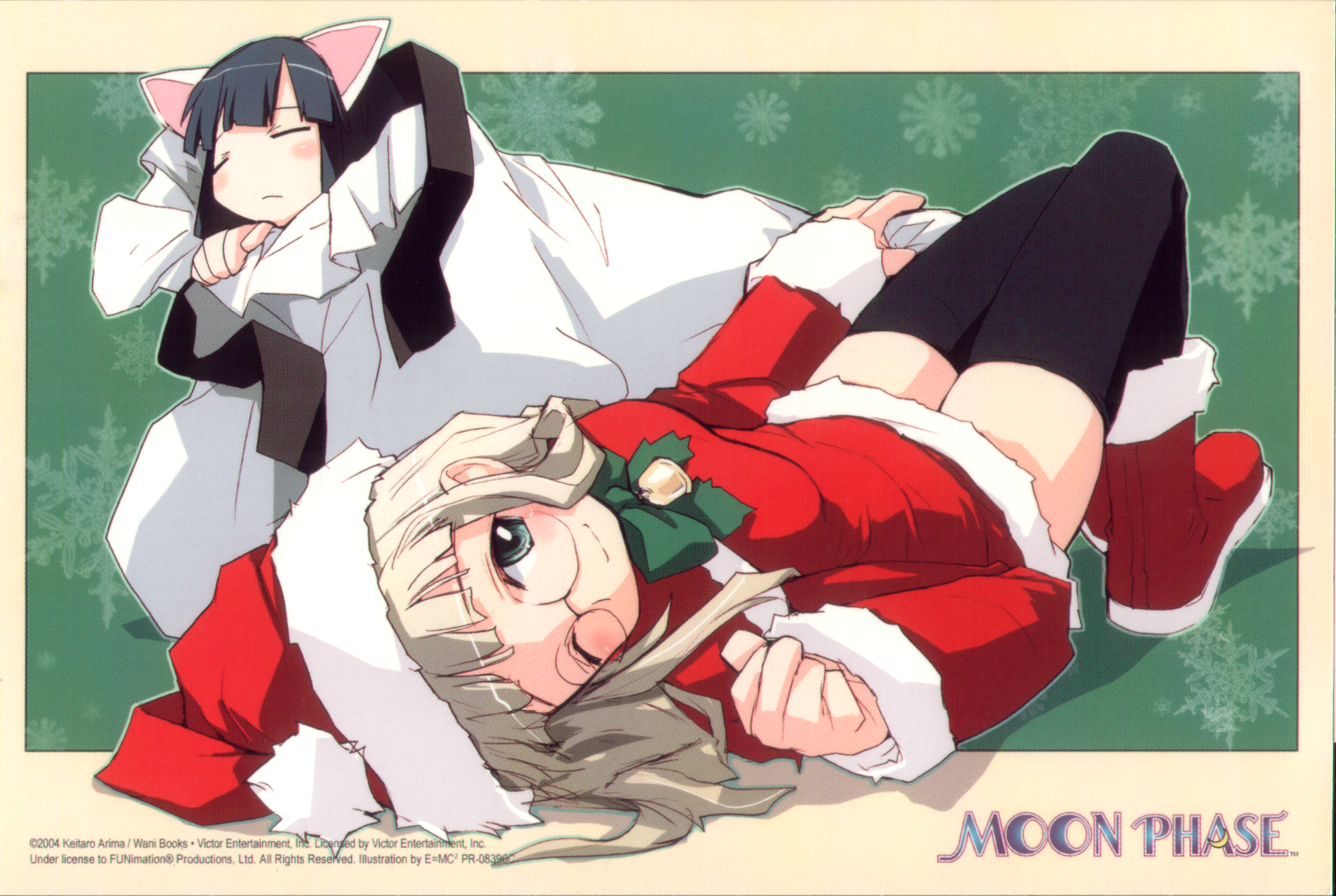 elfriede, hazuki (tsukuyomi), tsukuyomi moonphase, end card, highres, 00s, 2girls, animal ears, blonde hair, blush, breasts, cat ears, christmas, eyecatch, glasses, green eyes, multiple girls, santa costume, skirt, thighhighs