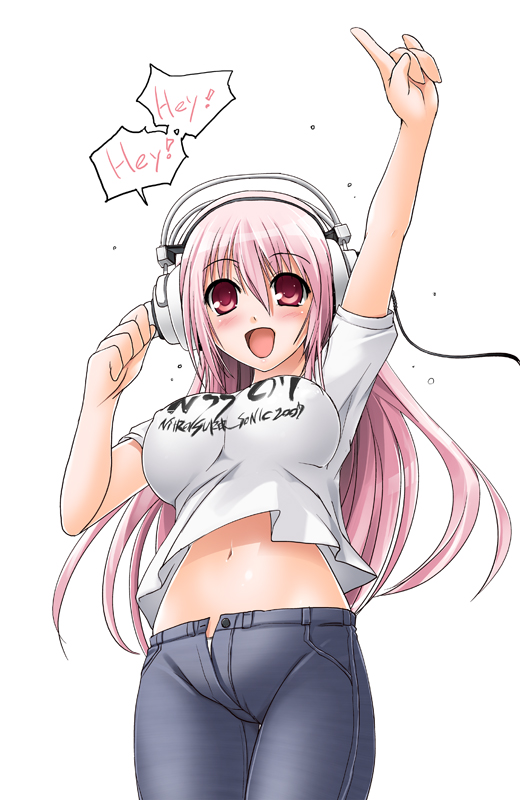 kouki kuu, super sonico, nitroplus, 1girl, blush, breasts, covered erect nipples, denim, female focus, headphones, huge breasts, jeans, long hair, midriff, navel, open fly, panties, pants, pink hair, red eyes, solo, unbuttoned, underwear, unzipped
