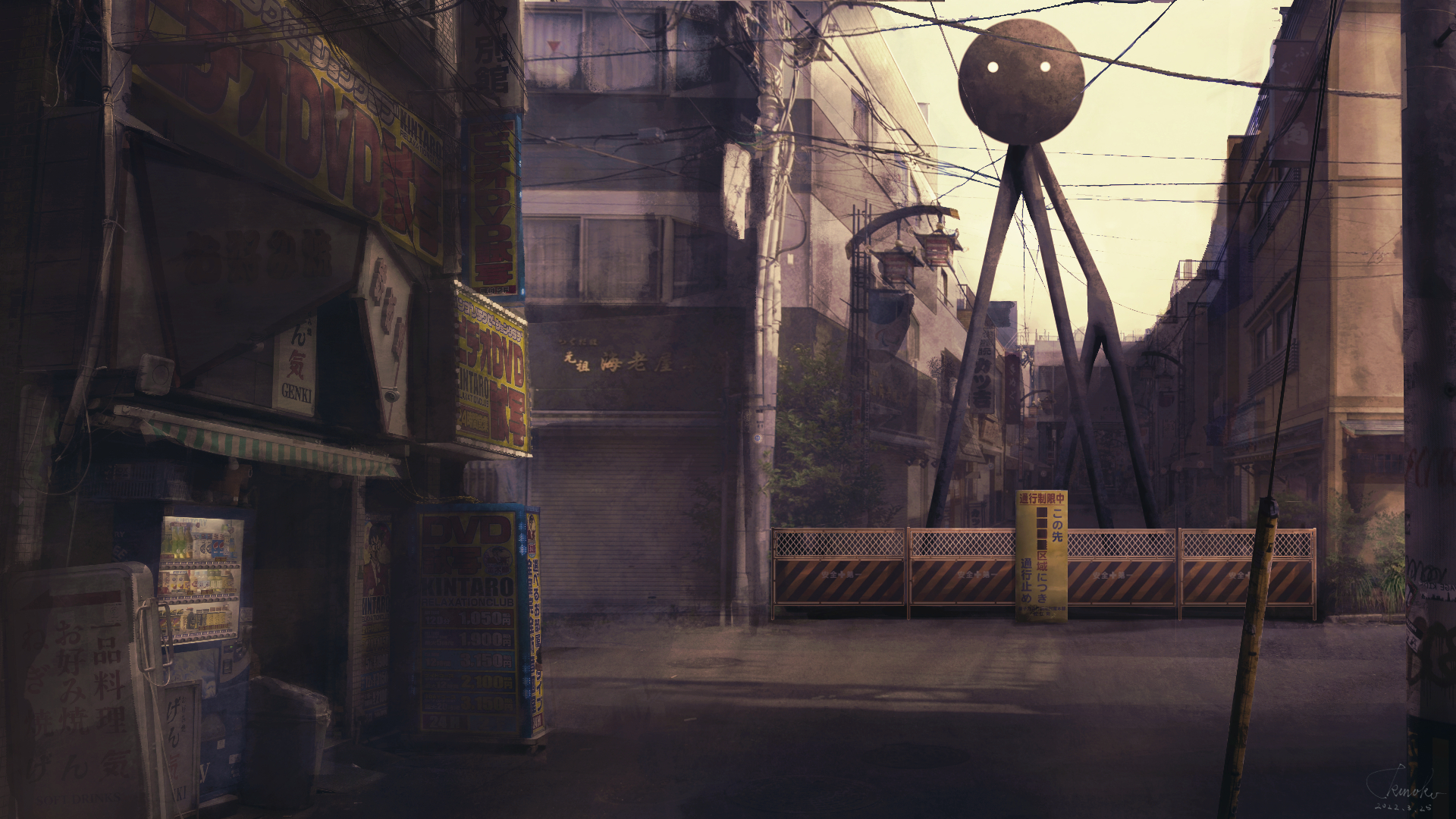 kinoko no sato, original, commentary, highres, symbol-only commentary, alley, artist name, building, creature, dated, day, lamppost, no humans, outdoors, photorealistic, power lines, realistic, signature, urban, vending machine