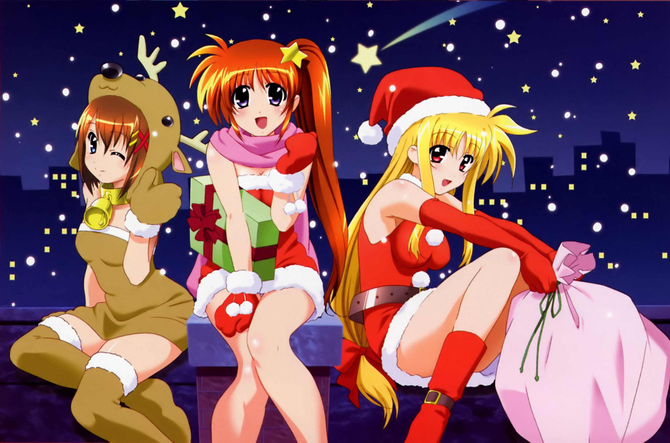 nanoha, fate testarossa, takamachi nanoha, yagami hayate, lyrical nanoha, mahou shoujo lyrical nanoha, mahou shoujo lyrical nanoha strikers, highres, blush, breasts, christmas, cosplay, long hair, santa costume, short hair, skirt, thighhighs