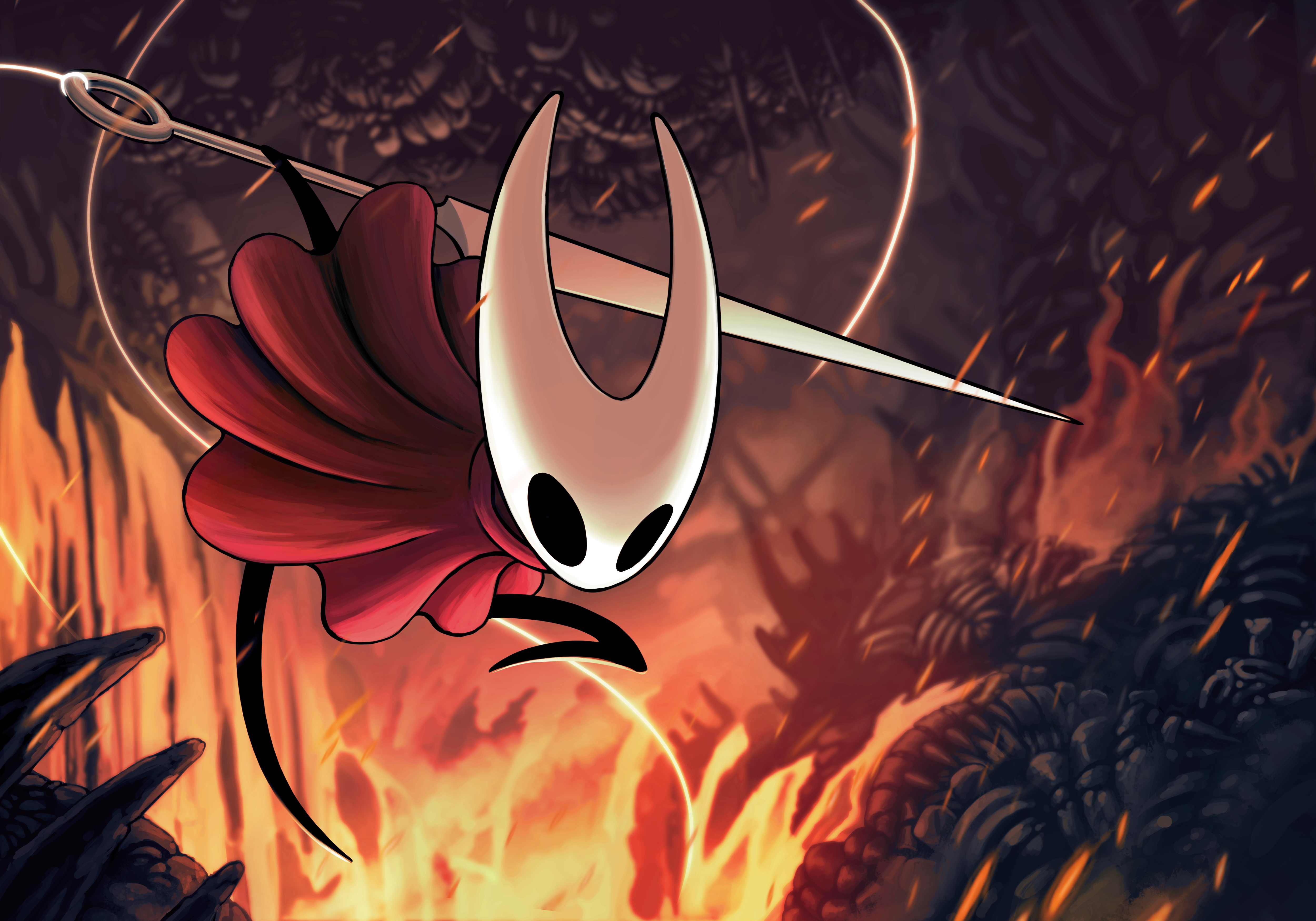 hornet (hollow knight), hollow knight: silksong, absurdres, highres, official art, promotional art, 1girl, ari gibson, arm behind back, arthropod girl, black skin, blank eyes, bug, chitin, cloak, colored skin, embers, fighting stance, floating cape, holding, holding behind back, holding weapon, hollow eyes, horned mask, jumping, knee up, lava, mask, needle (hollow knight), red cloak, solo, thread, weapon, white mask