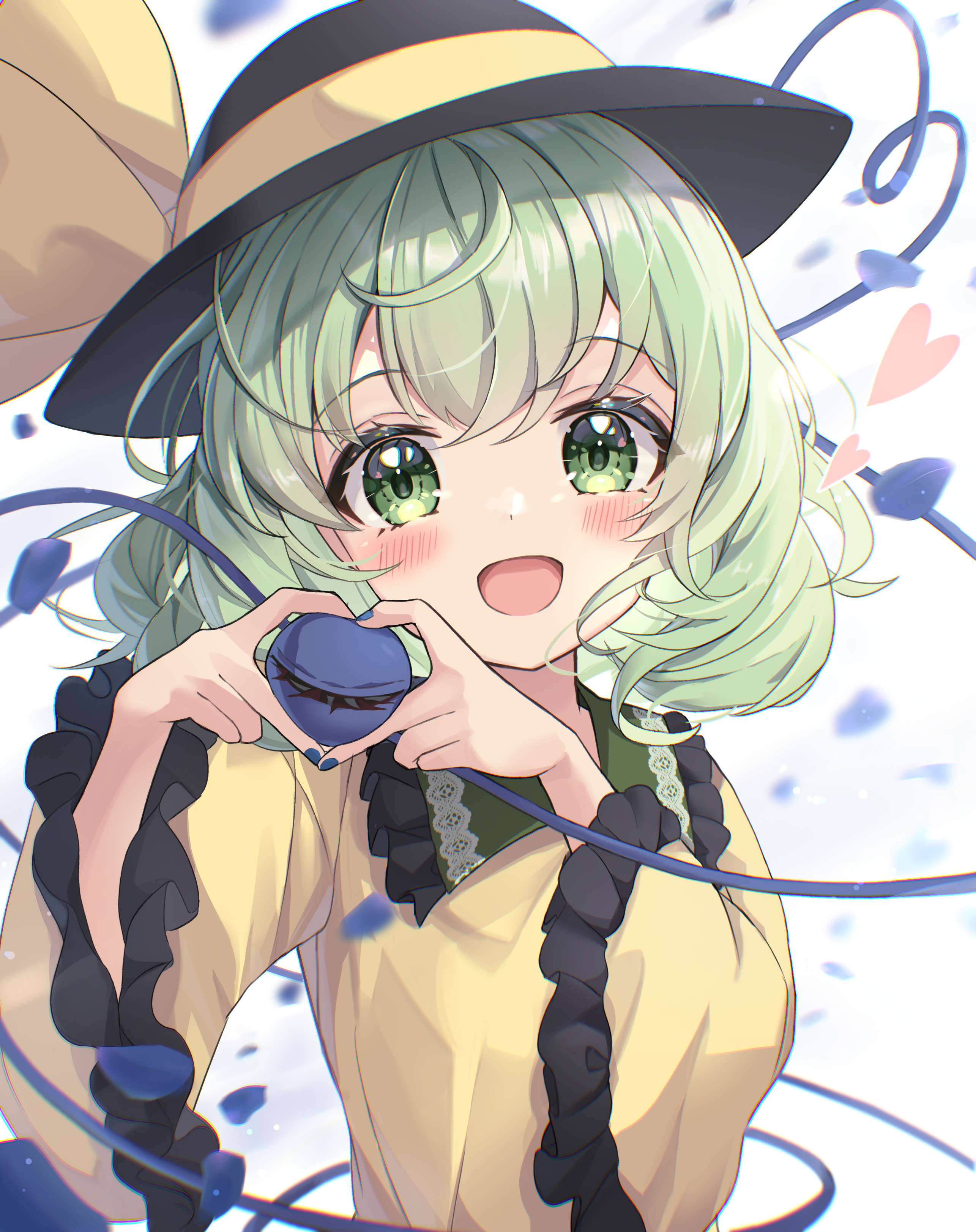wheat retzel, komeiji koishi, touhou, absurdres, commentary request, highres, revision, 1girl, black hat, blue petals, blush, collared shirt, eyeball, falling petals, four-finger heart hands, frilled shirt collar, frilled sleeves, frills, green eyes, green hair, hat, hat ribbon, heart, heart hands, heart of string, long sleeves, looking at viewer, open mouth, petals, ribbon, shirt, smile, solo, third eye, wide sleeves, yellow ribbon, yellow shirt