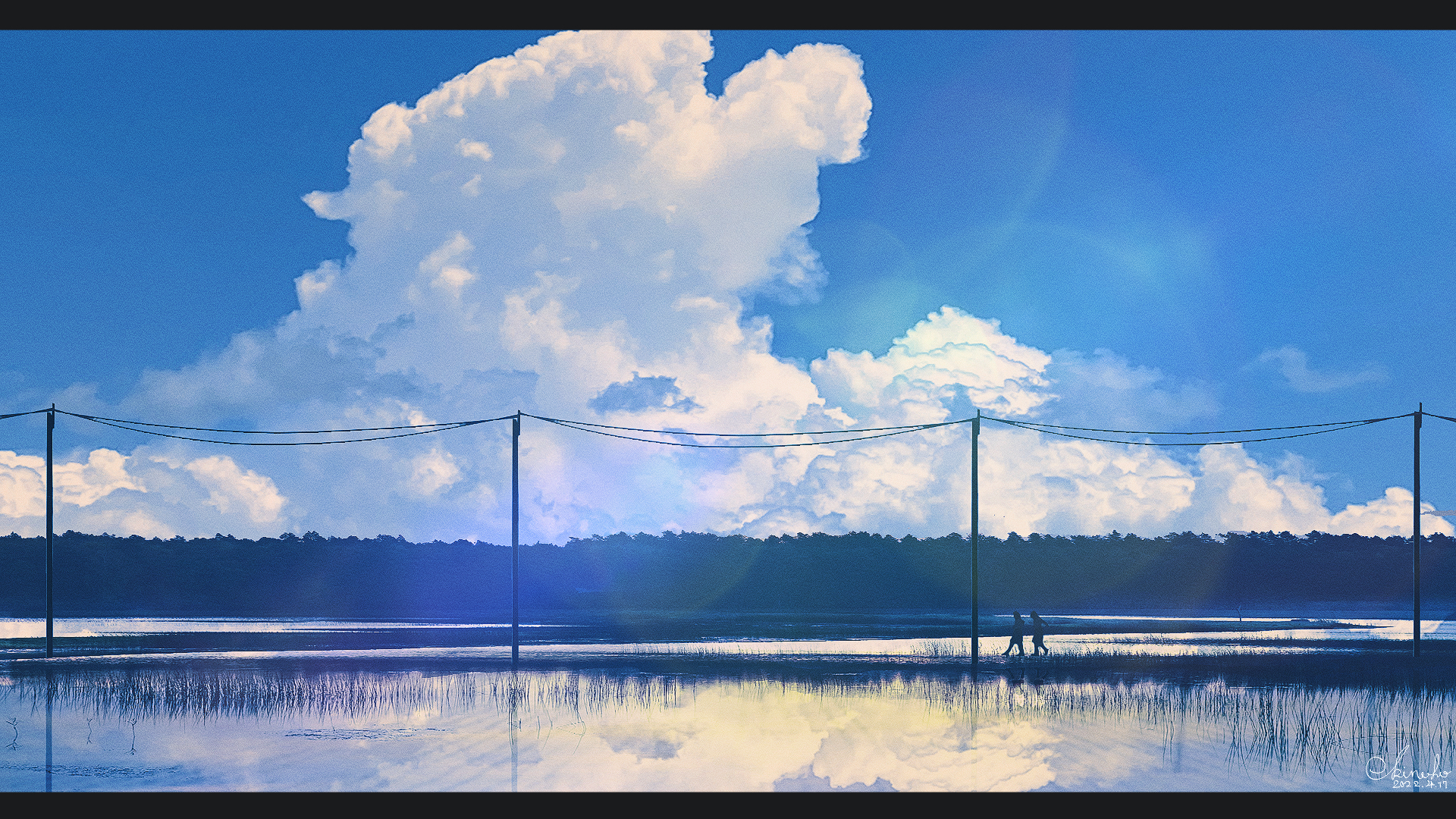 kinoko no sato, original, commentary, english commentary, highres, 2others, ambiguous gender, artist name, blue sky, cloud, cloudy sky, dated, day, letterboxed, multiple others, outdoors, photorealistic, power lines, realistic, reflection, reflective water, rural, scenery, signature, sky, sky focus, very wide shot, walking, water