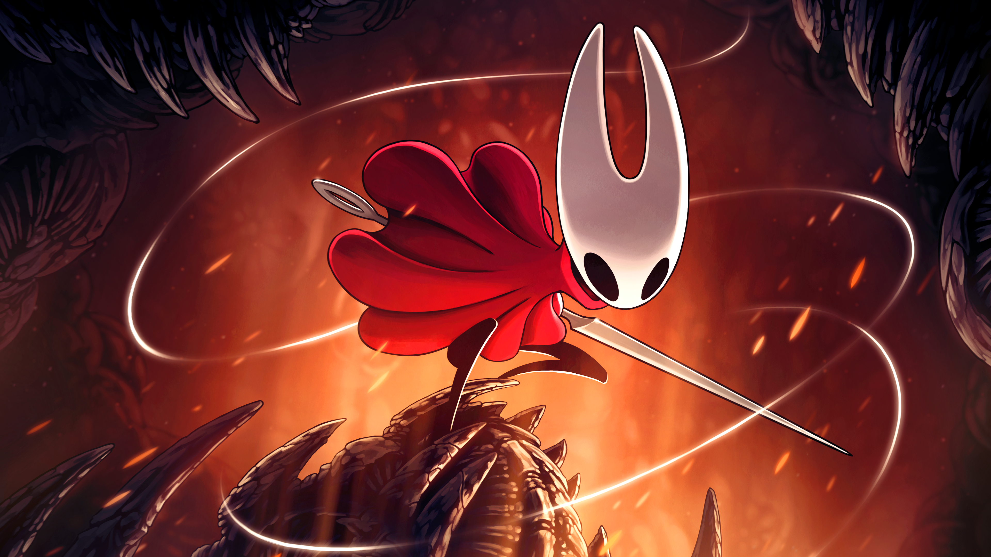 hornet (hollow knight), hollow knight: silksong, absurdres, highres, official art, promotional art, 1girl, ari gibson, arthropod girl, black skin, blank eyes, bug, chitin, cloak, colored skin, embers, facing viewer, fighting stance, floating cape, holding, holding weapon, hollow eyes, horned mask, mask, needle (hollow knight), red cloak, solo, thread, weapon, white mask, wide shot