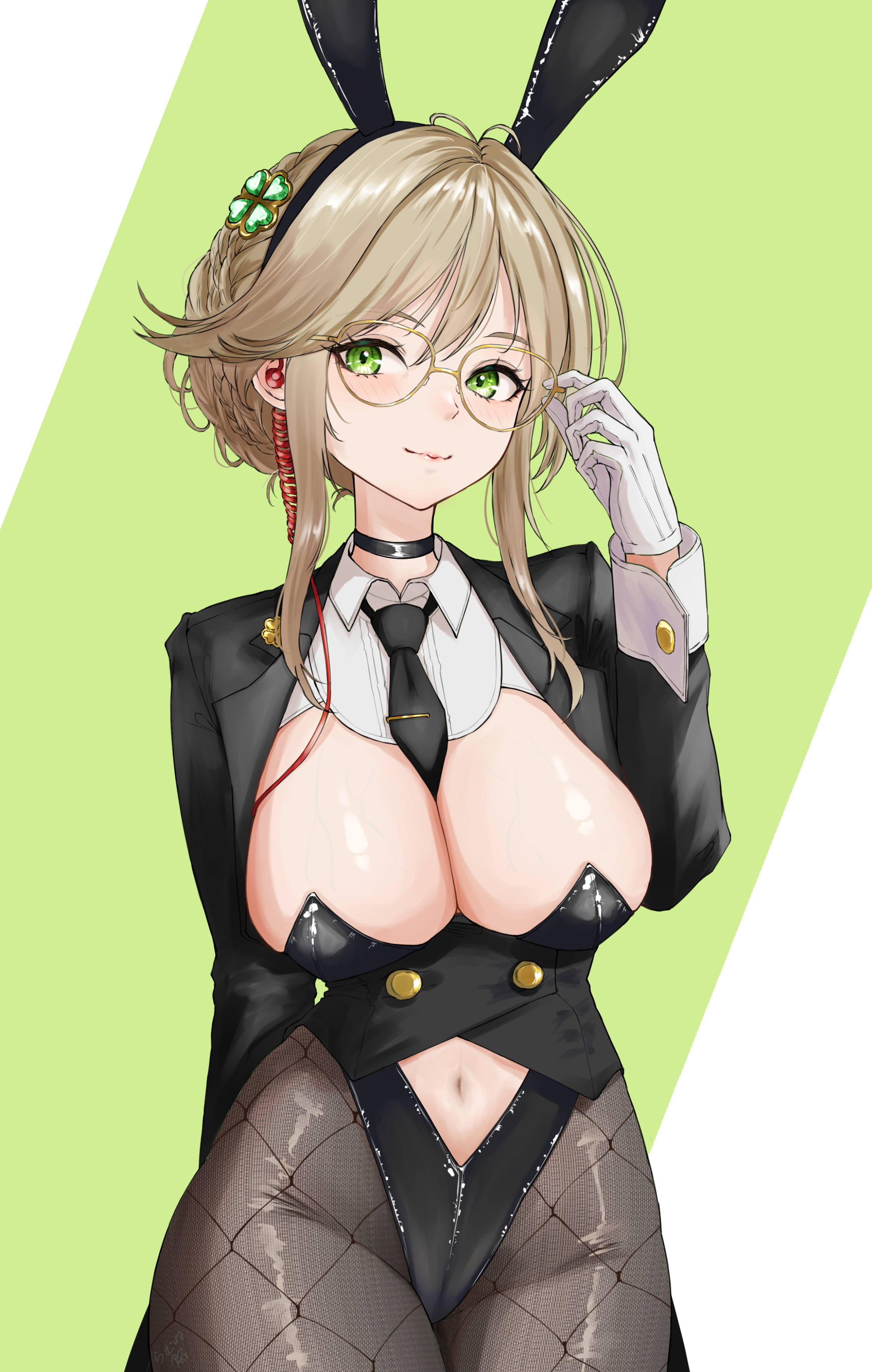 ramuneogura, ade (agent bunny) (nikke), ade (nikke), goddess of victory: nikke, absurdres, commentary, highres, 1girl, adjusting eyewear, animal ear hairband, animal ears, arm behind back, between breasts, black choker, black jacket, black leotard, black necktie, black pantyhose, blonde hair, blush, braid, breasts, bun with braided base, choker, cleavage, closed mouth, clothing cutout, clover hair ornament, coattails, cowboy shot, detached collar, fake animal ears, fishnet pantyhose, fishnets, four-leaf clover hair ornament, glasses, gloves, green background, green eyes, hair bun, hair ornament, hairband, hand up, highleg, highleg leotard, jacket, large breasts, leotard, long sleeves, looking at viewer, navel, navel cutout, necktie, necktie between breasts, official alternate costume, pantyhose, playboy bunny, rabbit ear hairband, rabbit ears, sidelocks, single hair bun, smile, solo, standing, strapless, strapless leotard, swept bangs, undersized breast cup, wrist cuffs