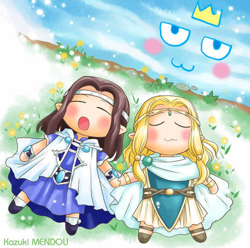 kazuki-mendou, finrod, turgon, the silmarillion, tolkien's legendarium, 2boys, :3, artist name, belt, blonde hair, blush, bracelet, cape, chibi, circlet, cloak, closed eyes, closed mouth, crown, elf, flower, gem, grass, holding hands, jewelry, long hair, lying, male focus, multiple boys, open mouth, parted bangs, pointy ears, sidelocks, sleeping, water, yawning, yellow flower