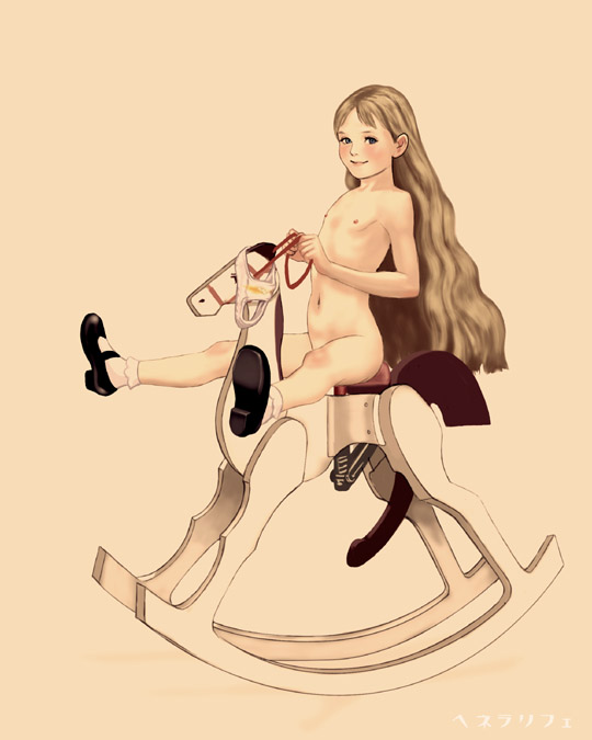 michito sorataka, aurore, blush, dildo, flat chest, loli, long hair, masturbation, nude, panties, rocking horse, sex toy, soiled panties, solo, underwear, very long hair