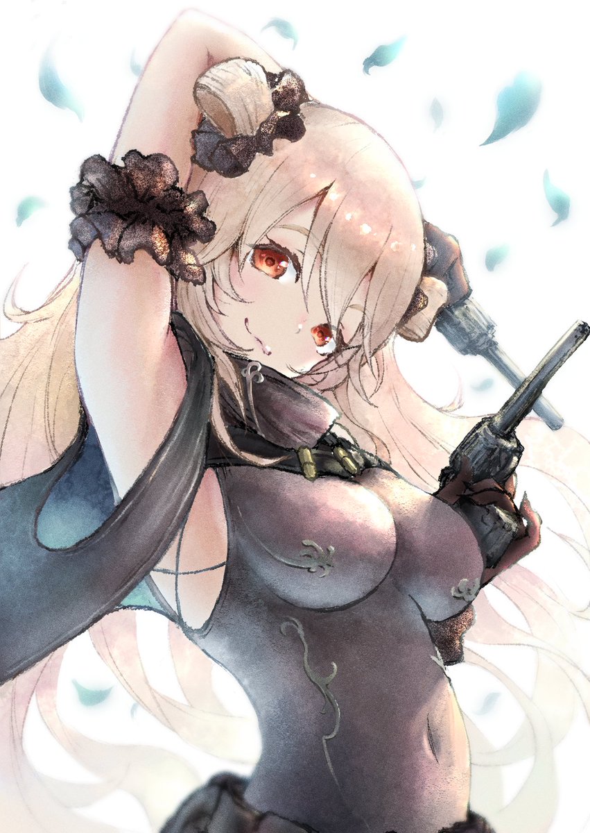 tomozoo83, mementomori (game), highres, 1girl, black bodysuit, black scrunchie, blonde hair, bodysuit, breasts, brown eyes, closed mouth, cordie (mementomori), covered navel, double bun, gun, hair bun, hair ornament, hair scrunchie, holding, holding gun, holding weapon, long hair, petals, scrunchie, solo, upper body, very long hair, weapon, white background, wrist scrunchie