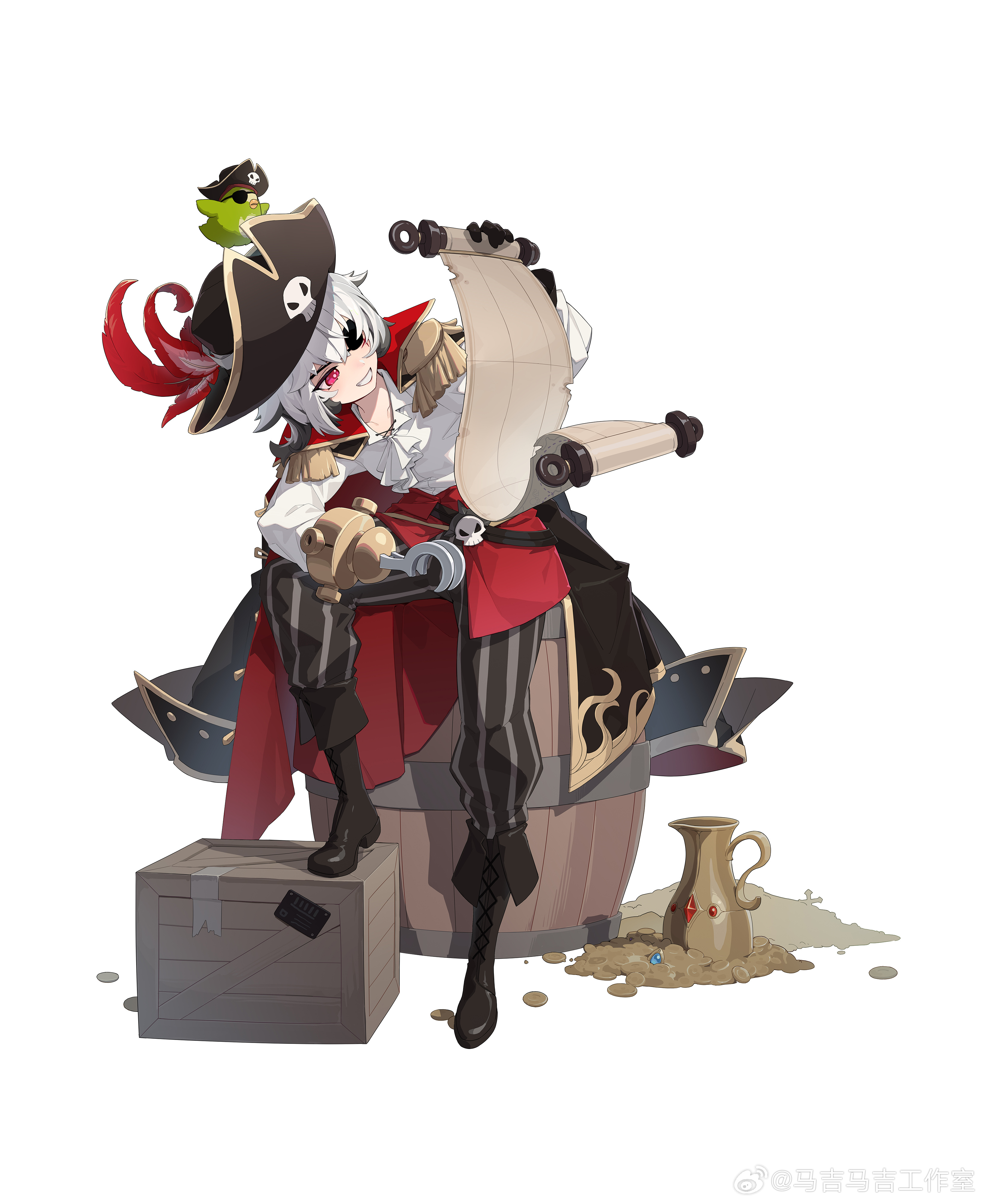 majimaji studio, higan: eruthyll, absurdres, chinese commentary, highres, official art, 1girl, alternate costume, androgynous, animal, animal on head, ascot, barrel, bicorne, bird, bird on head, black boots, black coat, black gloves, black hat, black pants, boots, calin (higan: eruthyll), cape, captain morgan pose, clothed animal, coat, coat on shoulders, coin, crate, cross-laced clothes, cross-laced top, epaulettes, eyepatch, fold-over boots, full body, gloves, grin, hair between eyes, hair flaps, hat, hat feather, holding, holding scroll, hook hand, jug (bottle), lace-up boots, leaning forward, looking at object, looking to the side, on head, pants, pile of coins, pirate, pirate hat, red cape, red eyes, scroll, shirt, short hair, smile, solo, stepping, striped clothes, striped pants, vertical-striped clothes, vertical-striped pants, waist cape, watermark, weibo watermark, white ascot, white background, white hair, white shirt