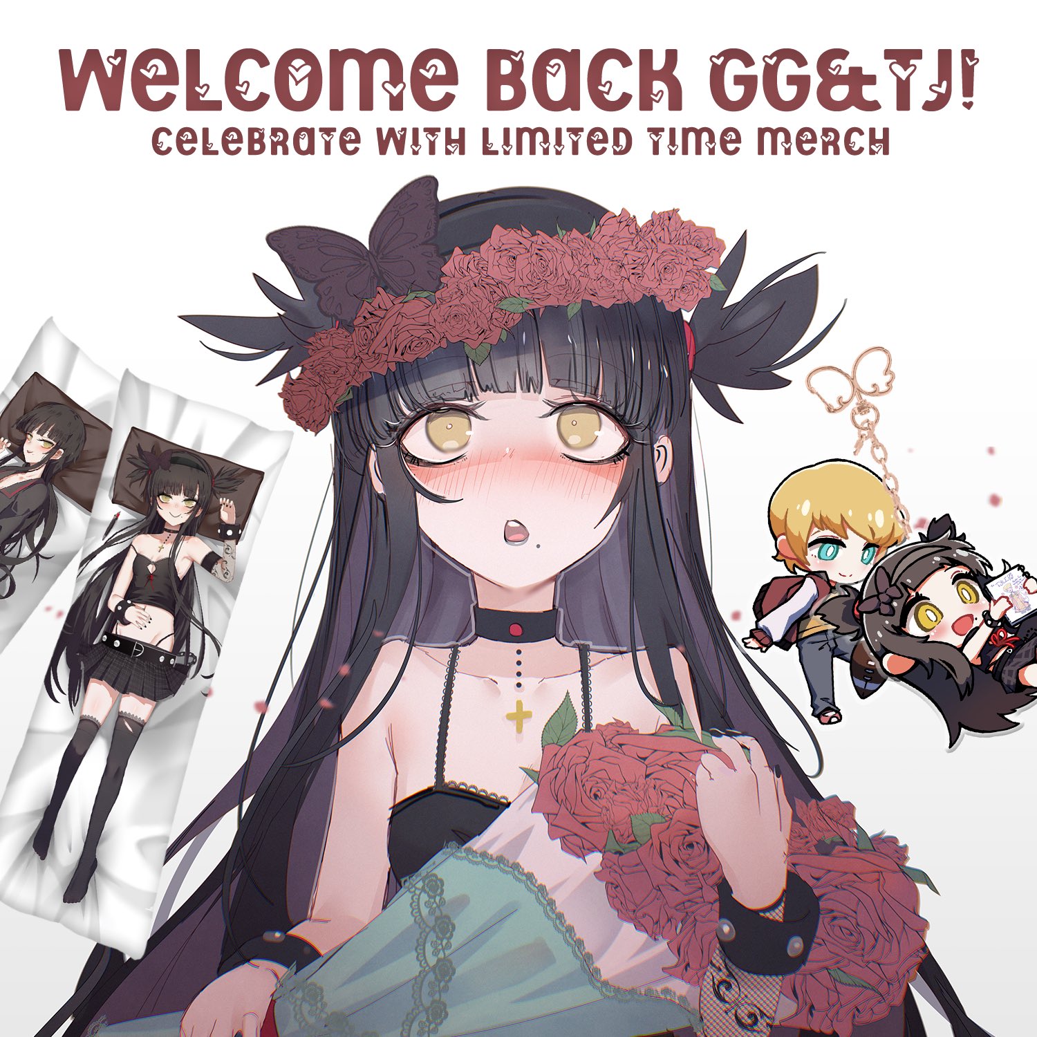 at2., merryweather, ophelia (merryweather), tyler (merryweather), commentary, english commentary, highres, 1boy, 1girl, ad, bare shoulders, black choker, black hair, blonde hair, blue eyes, blush, bouquet, butterfly hair ornament, charm (object), choker, collarbone, cross, cross choker, dakimakura (object), facing viewer, flower, flower wreath, goth girl and the jock, hair ornament, head wreath, holding, holding bouquet, long hair, looking up, mole, mole under mouth, open mouth, pillow, red flower, short hair, straight-on, upper body, yellow eyes