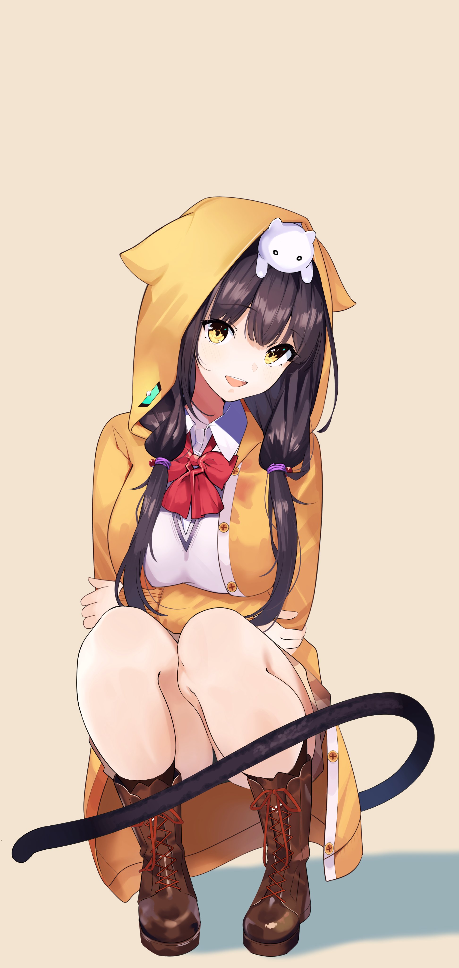 chroemaguro, asakura karen (heaven burns red), heaven burns red, absurdres, highres, 1girl, :d, animal, animal ear hood, animal ears, animal on head, arms under breasts, black hair, black panties, blunt bangs, blush, boots, bow, bowtie, breasts, brown boots, buttons, cat, cat on head, cat tail, collared shirt, fake animal ears, full body, grey sweater vest, hair bobbles, hair ornament, happy, head tilt, hood, hood up, hooded jacket, jacket, lace-up boots, large breasts, legs, long hair, long sleeves, looking at viewer, low twintails, on head, open clothes, open jacket, open mouth, orange jacket, panties, red bow, red bowtie, school uniform, shirt, simple background, smile, solo, squatting, straight hair, sweater vest, tail, tail censor, teeth, twintails, underwear, upper teeth only, white cat, white shirt, yellow background, yellow eyes