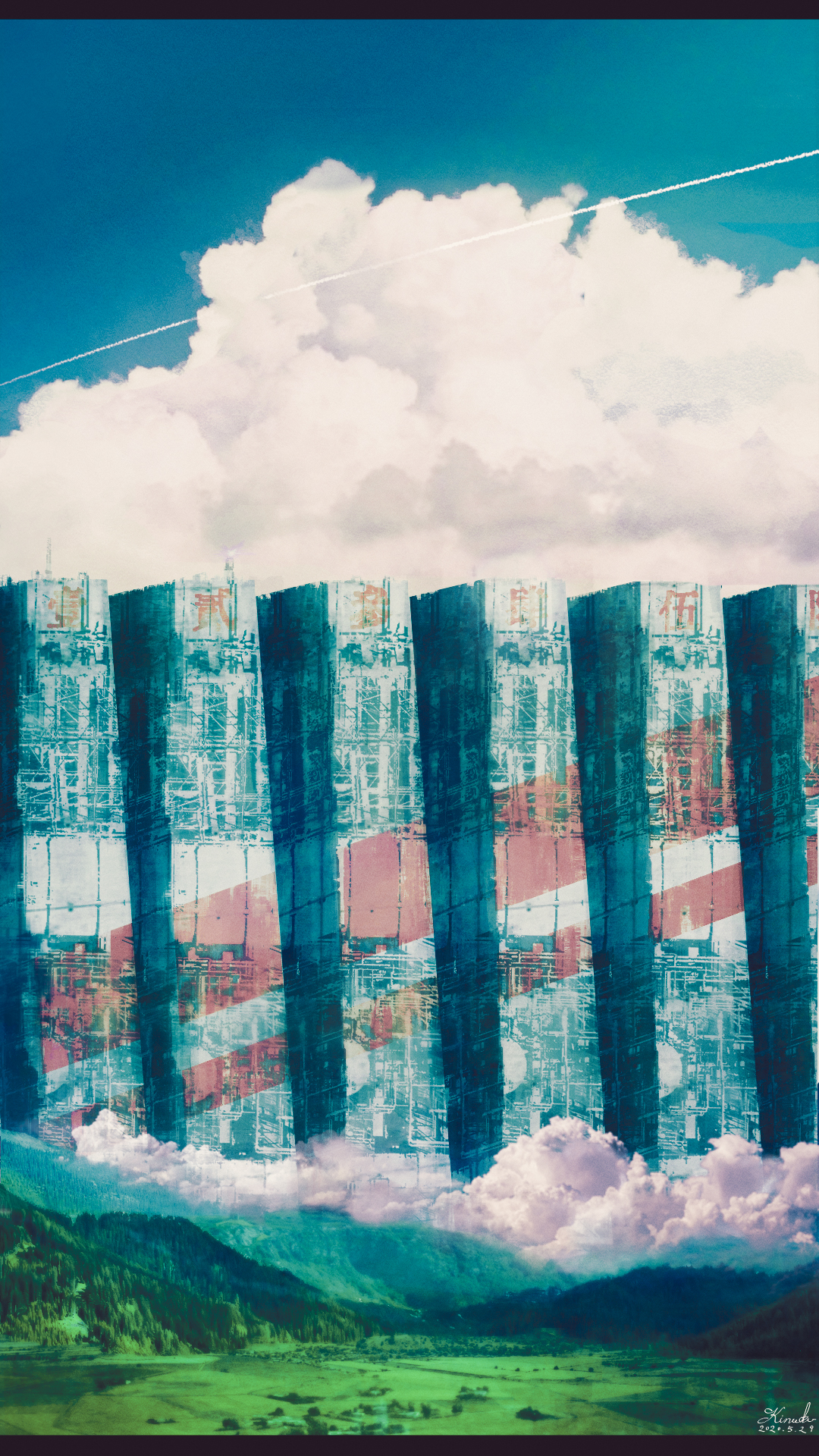 kinoko no sato, original, commentary, english commentary, highres, translation request, artist name, blue sky, cloud, contrail, dated, day, defensive wall, field, forest, letterboxed, nature, no humans, outdoors, scenery, signature, sky, valley