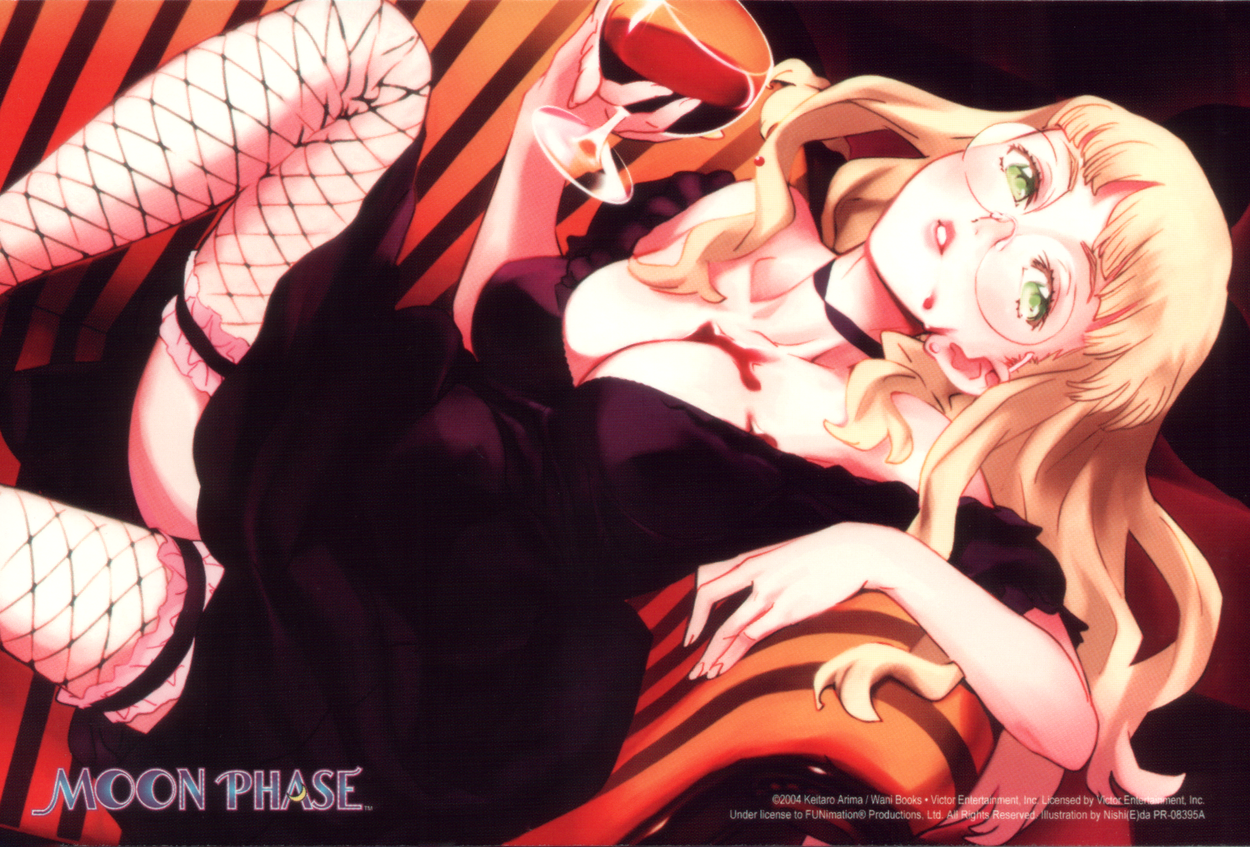 nishieda, elfriede, tsukuyomi moonphase, anime screenshot, end card, highres, 00s, 1girl, blonde hair, blood, breasts, choker, cleavage, couch, dress, eyecatch, female focus, fishnet thighhighs, fishnets, frilled thighhighs, frills, glasses, goth fashion, green eyes, high heels, long hair, shoes, sitting, solo, thighhighs
