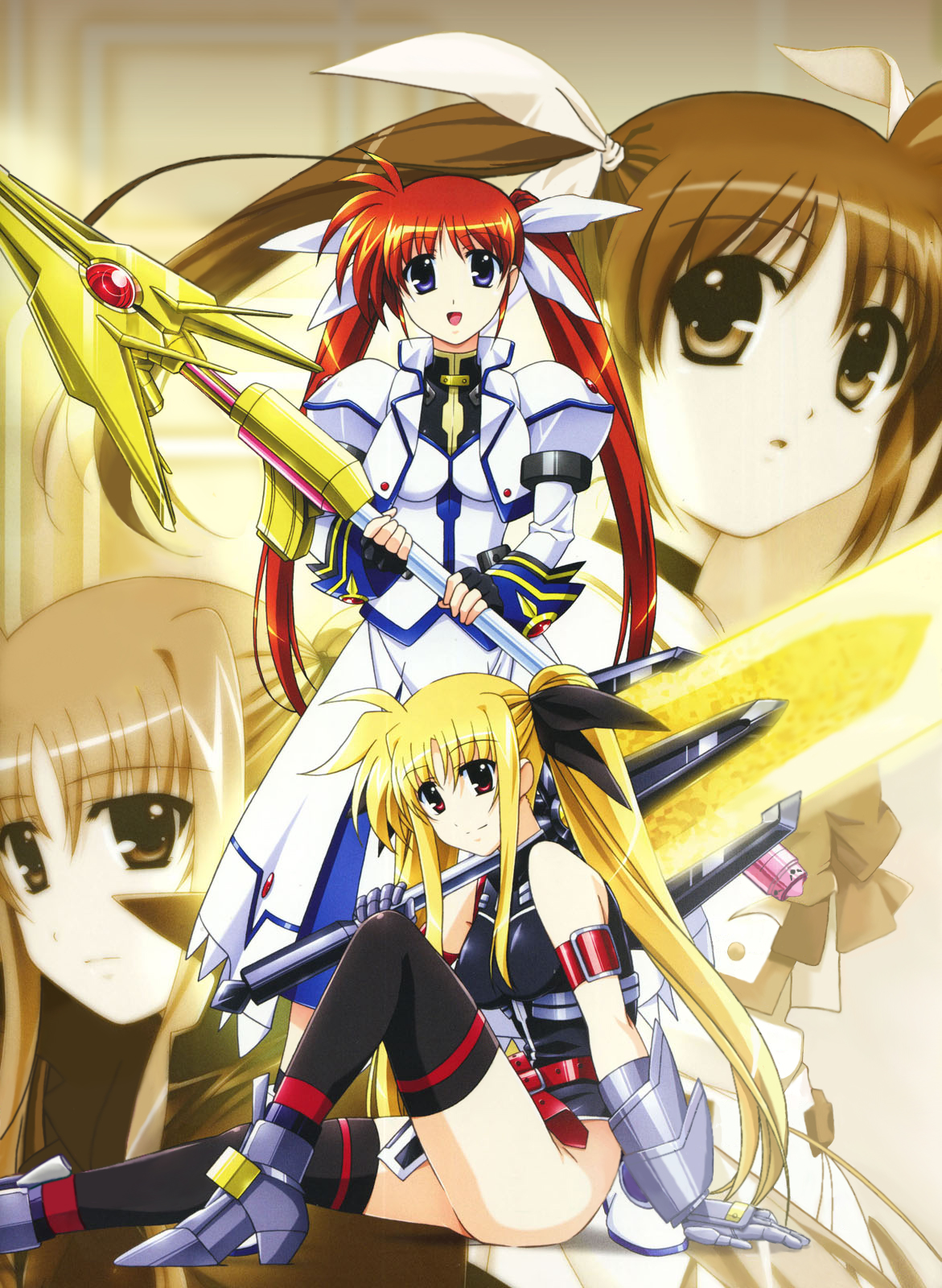 bardiche (nanoha), fate testarossa, raising heart, takamachi nanoha, lyrical nanoha, mahou shoujo lyrical nanoha, mahou shoujo lyrical nanoha strikers, highres, 00s, blonde hair, brown hair, energy sword, purple eyes, red eyes, sword, thighhighs, twintails, weapon