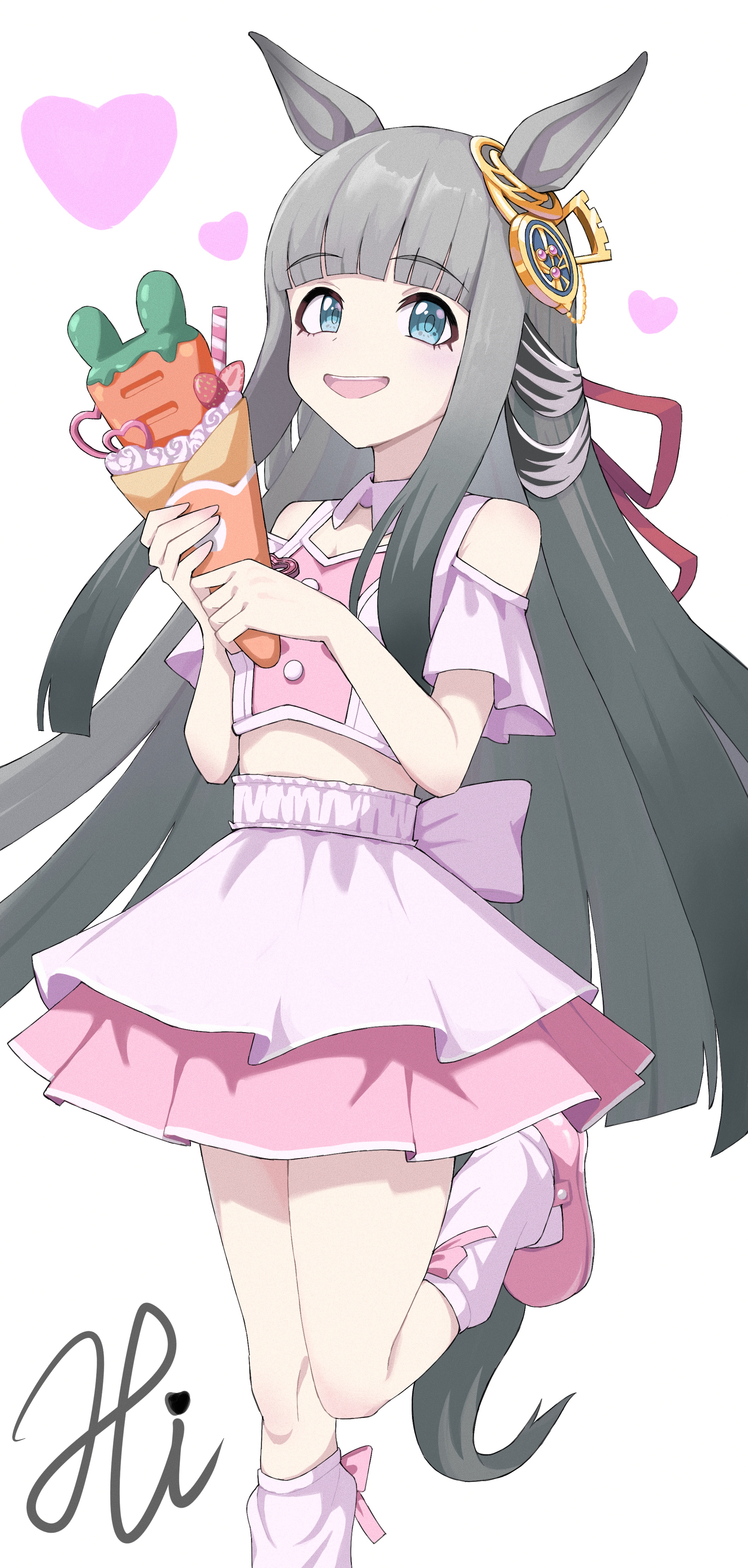 hitempo, chrono genesis (umamusume), umamusume, absurdres, highres, 1girl, alternate costume, animal ears, blue eyes, blunt bangs, blush, breasts, cleavage, food, grey hair, hair between eyes, hair ornament, heart, horse ears, horse girl, horse tail, looking at viewer, meni shuki rush-sshu!, parfait, small breasts, solo, standing, standing on one leg, tail, white background