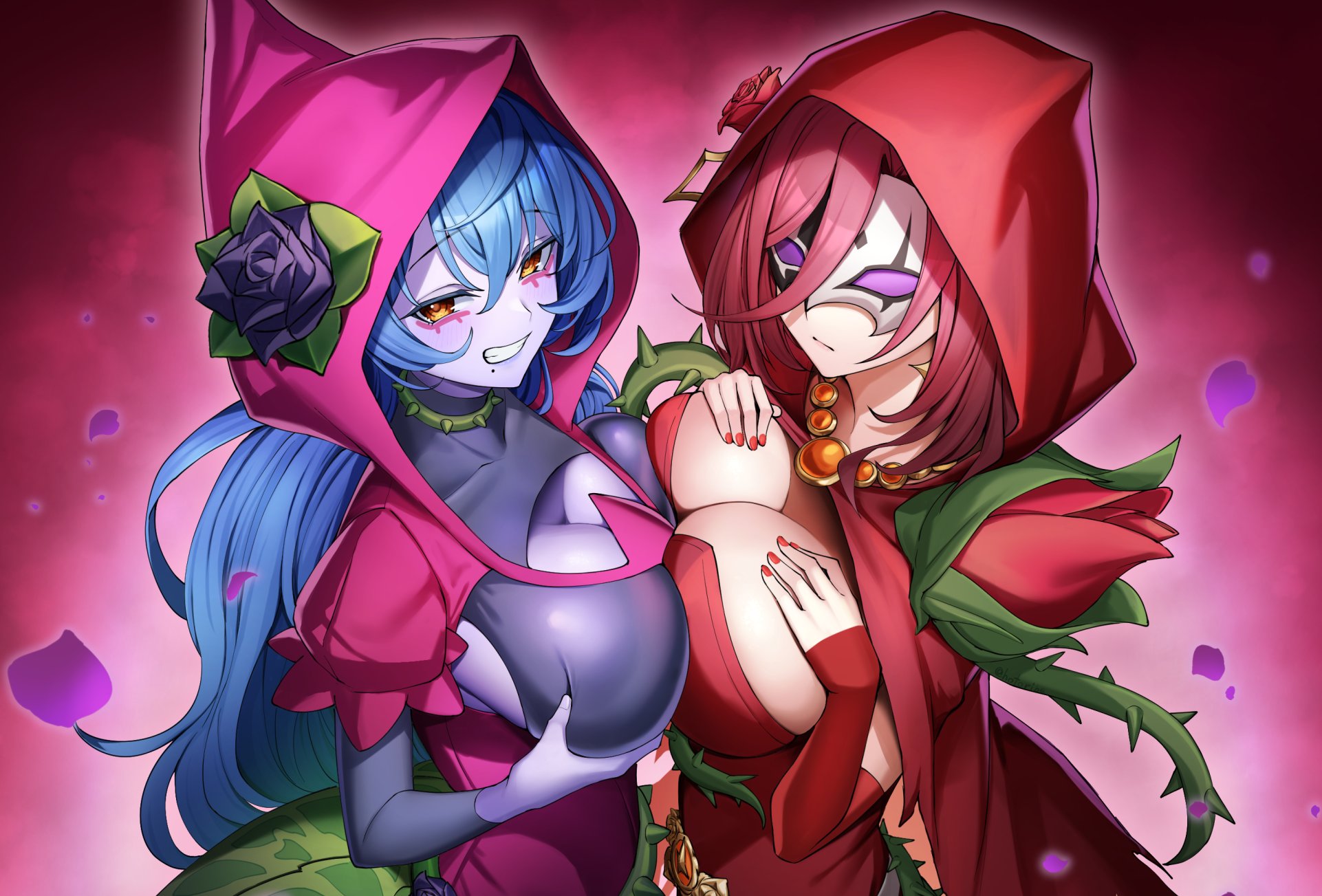 agibe, yu-gi-oh!, character request, highres, 2girls, black flower, black rose, blue hair, breast press, breasts, cape, cleavage, colored skin, dress, duel monster, eye mask, flower, hate rose witch, hood, hood up, hooded cape, large breasts, long hair, multiple girls, purple petals, purple skin, red background, red cape, red dress, red flower, red hair, red hood, red nails, red rose, rose, smile, symmetrical docking, upper body, violence witch, yellow eyes