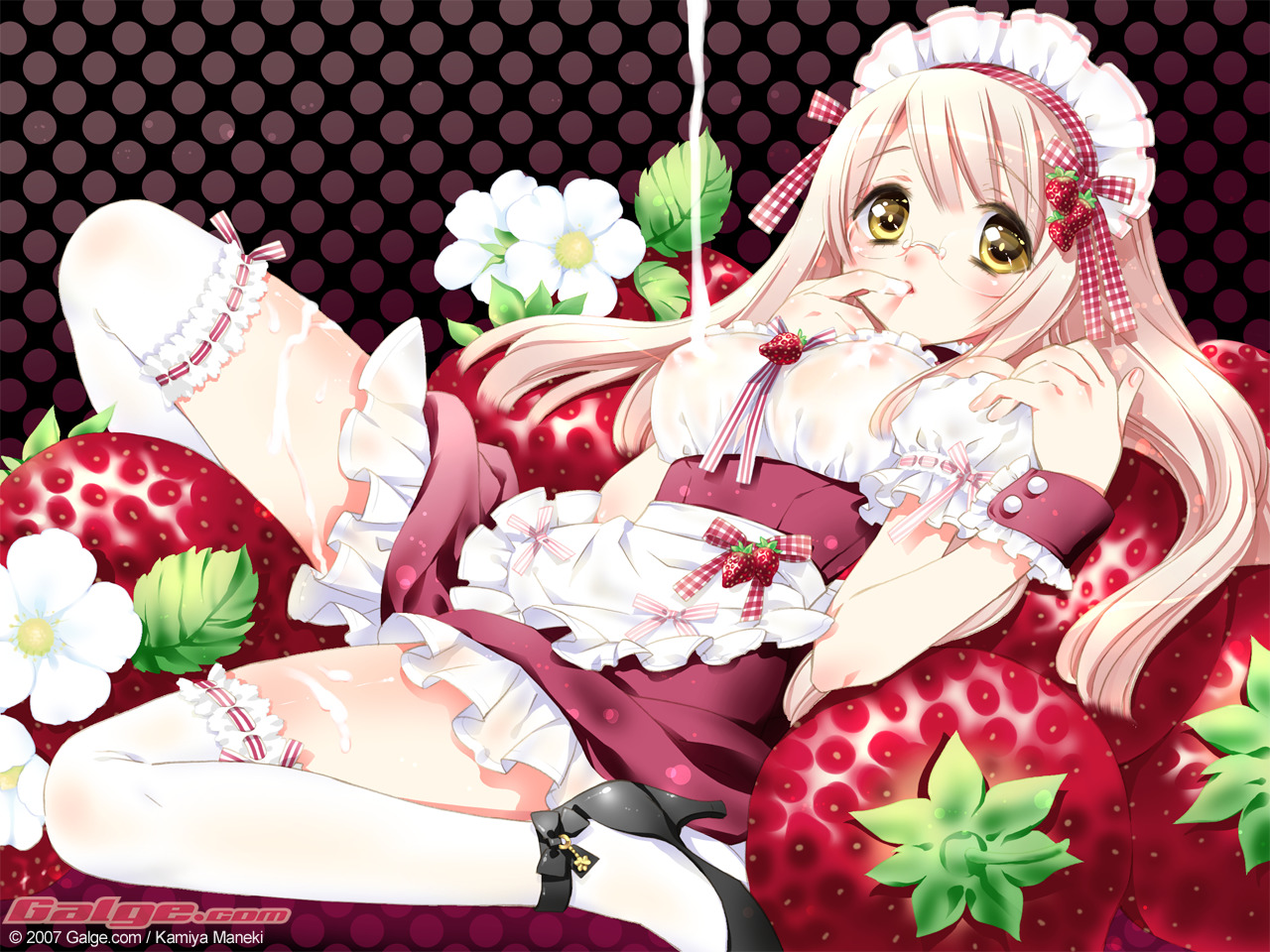 1girl, breasts, female focus, food, glasses, long hair, lying, maid, nipples, plant, see-through clothes, shoes, solo, spread legs, thighhighs, waitress