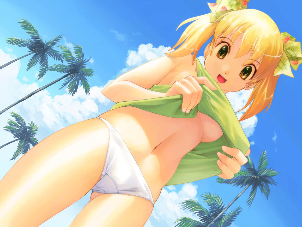 iuro, 1girl, blonde hair, breasts, clothes lift, female focus, hair ribbon, midriff, panties, ribbon, shirt lift, short hair, solo, twintails, underboob, underwear, white panties
