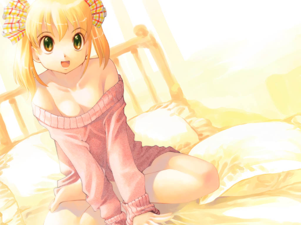bare shoulders, bed, blonde hair, breasts, cleavage, green eyes, hair ribbon, naked sweater, no bra, ribbon, short hair, sitting, solo, sweater, twintails