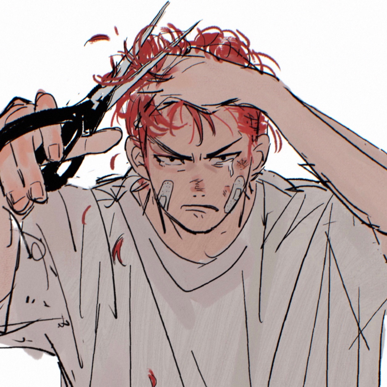 simi, sakuragi hanamichi, slam dunk (series), highres, 1boy, crying, scissors, shirt, solo, tears, white background, white shirt