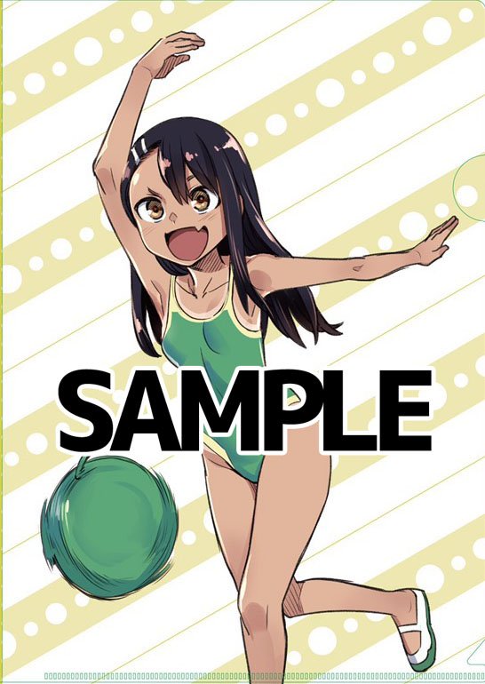 774 (nanashi), nagatoro hayase, ijiranaide nagatoro-san, official art, 1girl, :d, arm up, armpits, black hair, breasts, brown eyes, fang, food, fruit, green one-piece swimsuit, long hair, looking at viewer, melon, one-piece swimsuit, one-piece tan, open mouth, sample watermark, skin fang, small breasts, smile, solo, swimsuit, tan, tanline, watermark